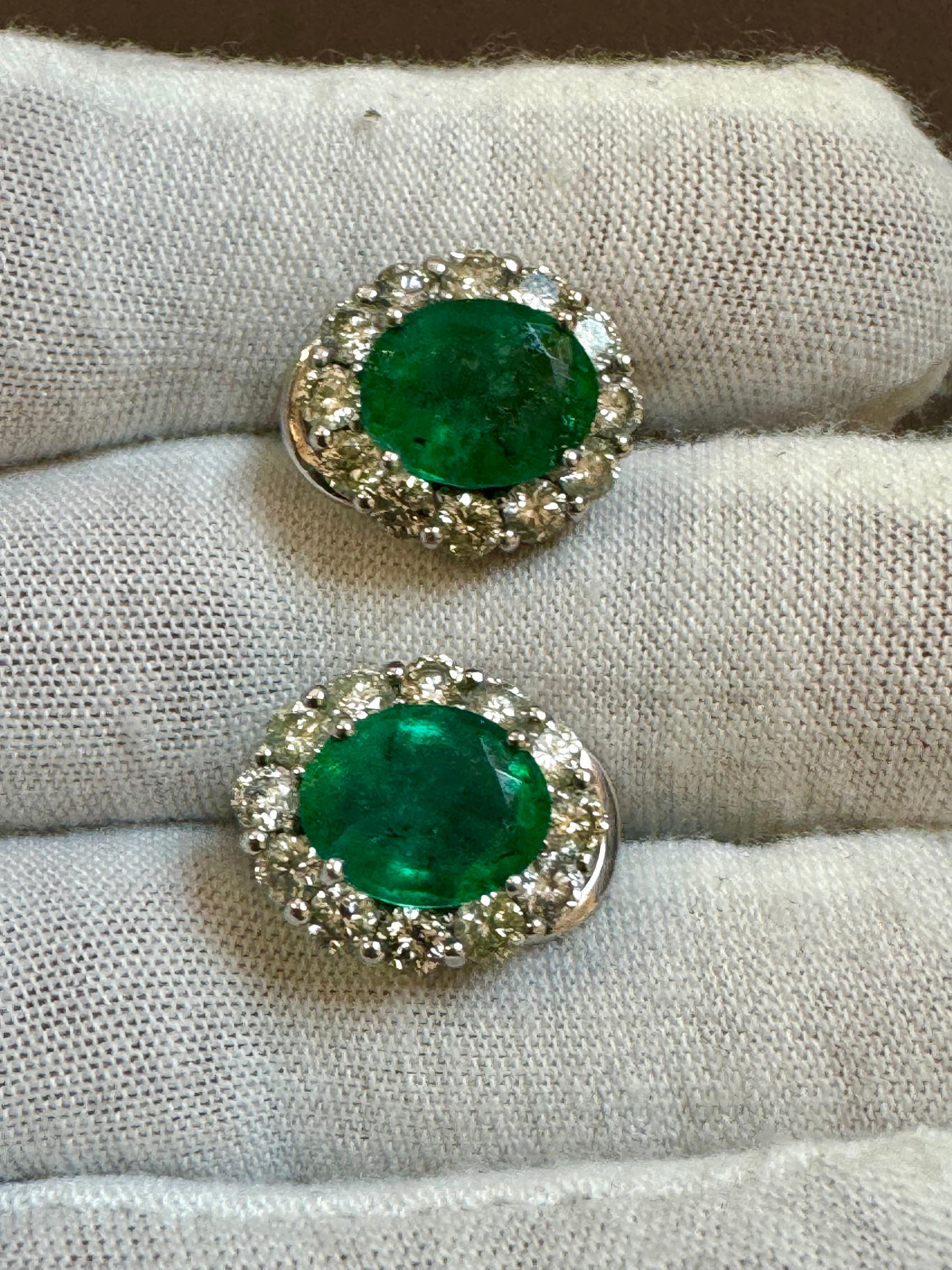 Oval Cut 6 Carat Oval Shape Emerald & 2 Ct Diamond Post Back Earrings 14 Karat White Gold For Sale