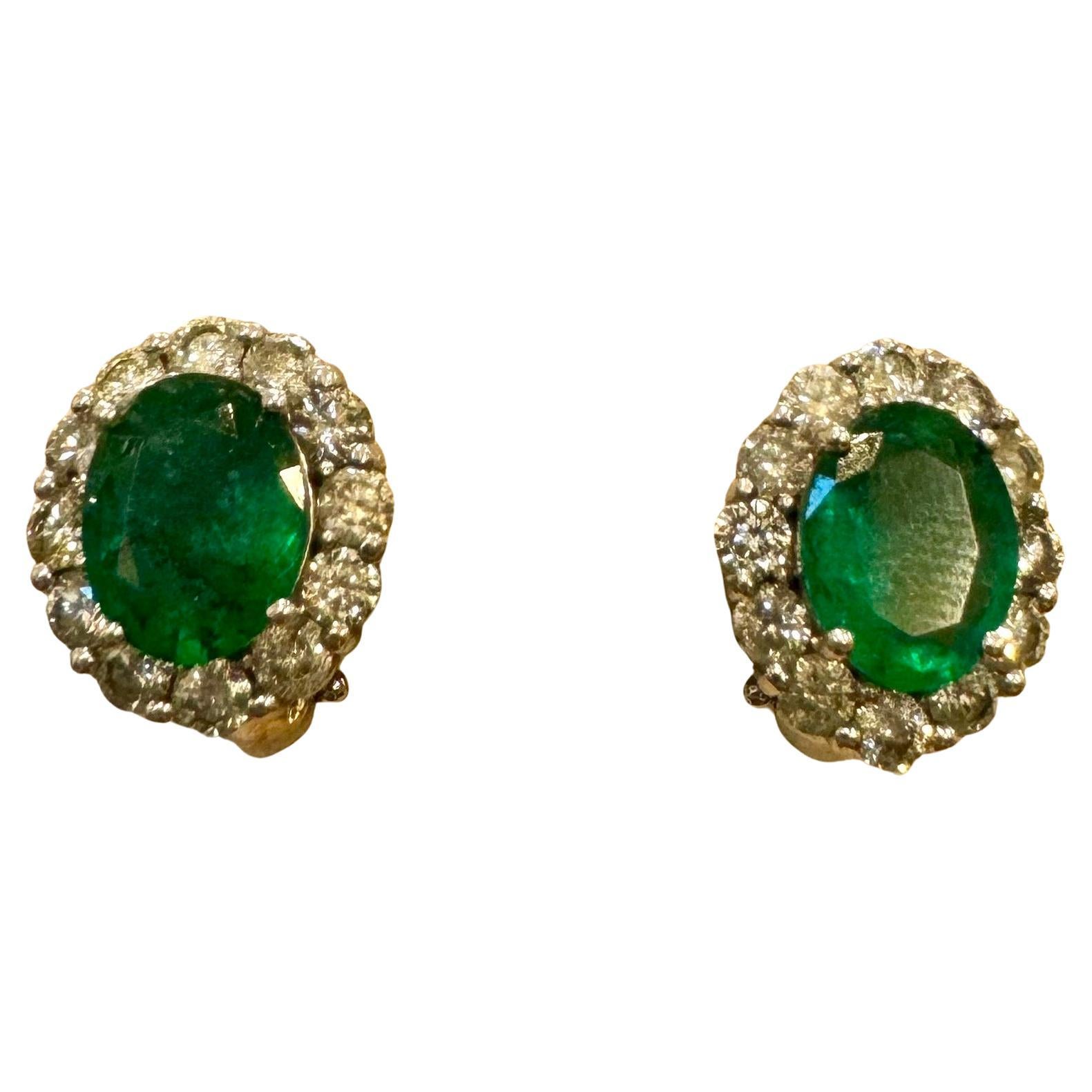 6 Carat Oval Shape Emerald & 2 Ct Diamond Post Back Earrings 14 Karat White Gold In Excellent Condition For Sale In New York, NY