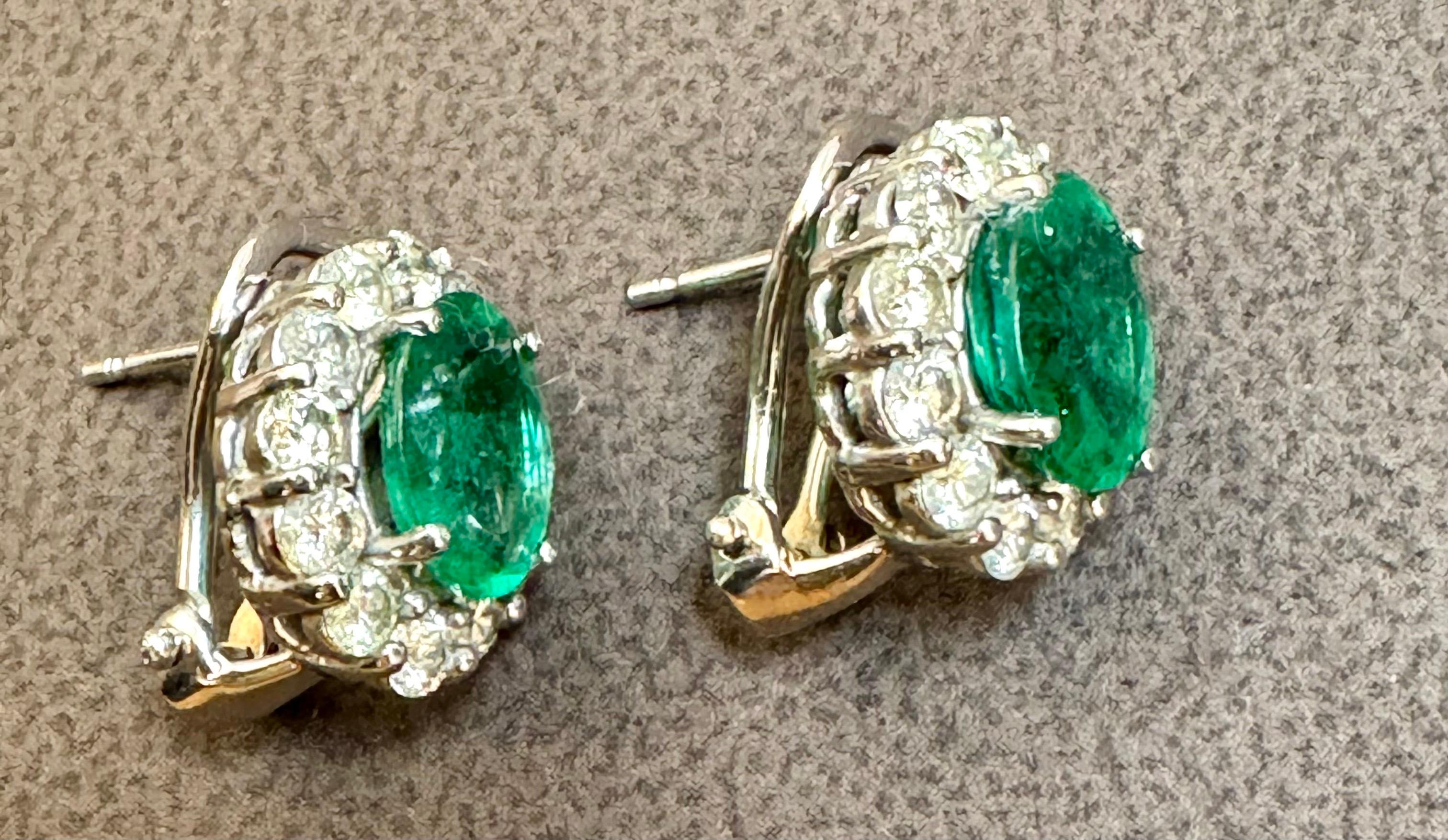 Women's 6 Carat Oval Shape Emerald & 2 Ct Diamond Post Back Earrings 14 Karat White Gold For Sale