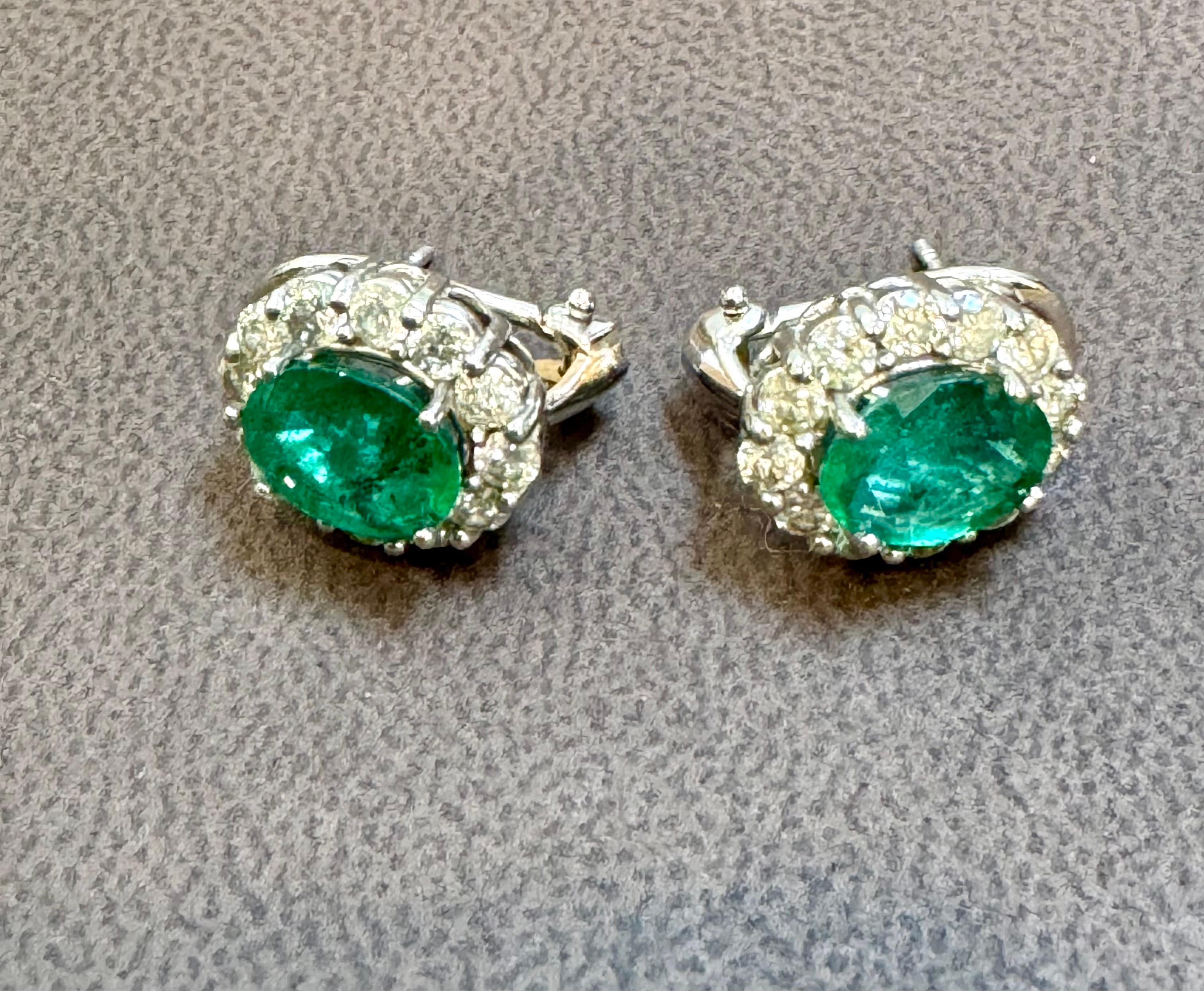 6 Carat Oval Shape Emerald & 2 Ct Diamond Post Back Earrings 14 Karat White Gold For Sale 1