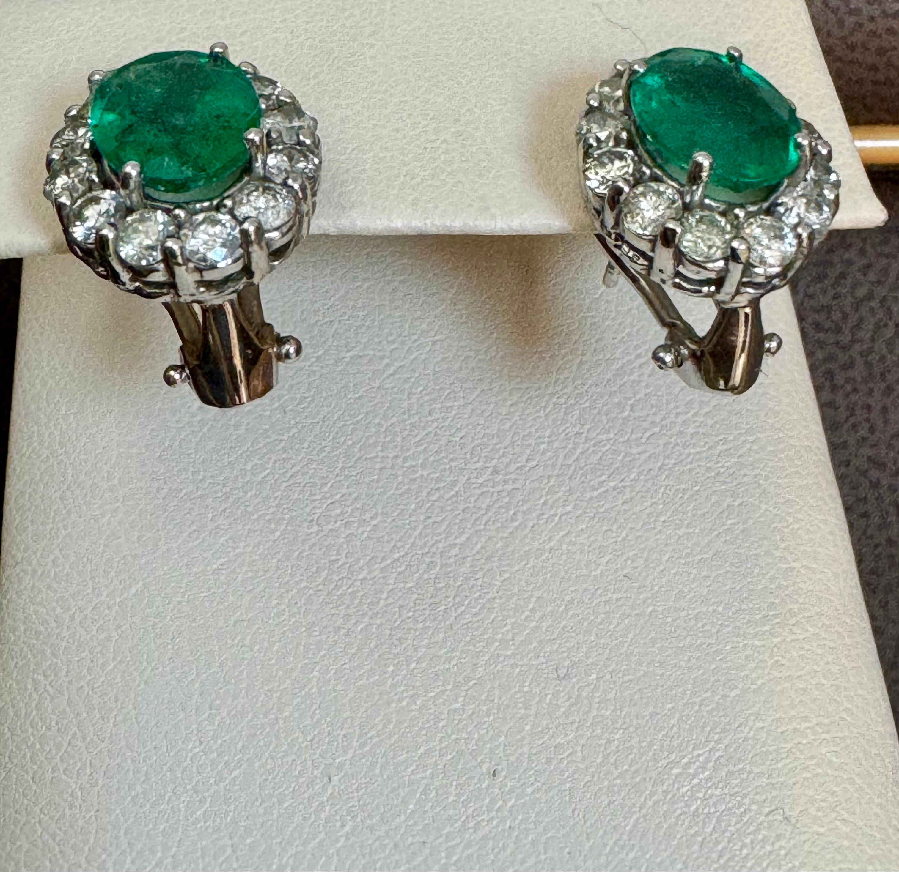 6 Carat Oval Shape Emerald & 2 Ct Diamond Post Back Earrings 14 Karat White Gold For Sale 3