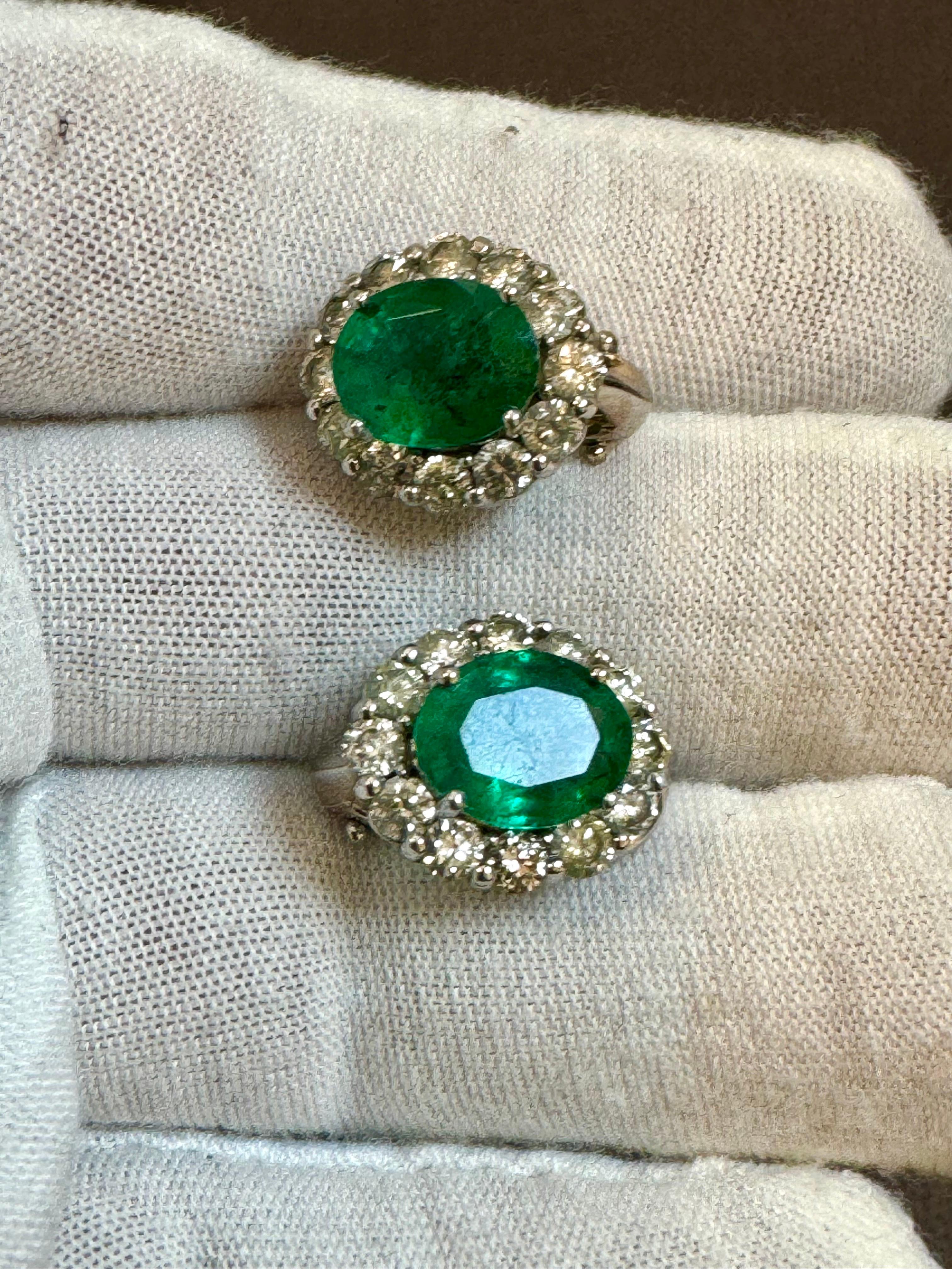 6 Carat Oval Shape Emerald & 2 Ct Diamond Post Back Earrings 14 Karat White Gold For Sale 4