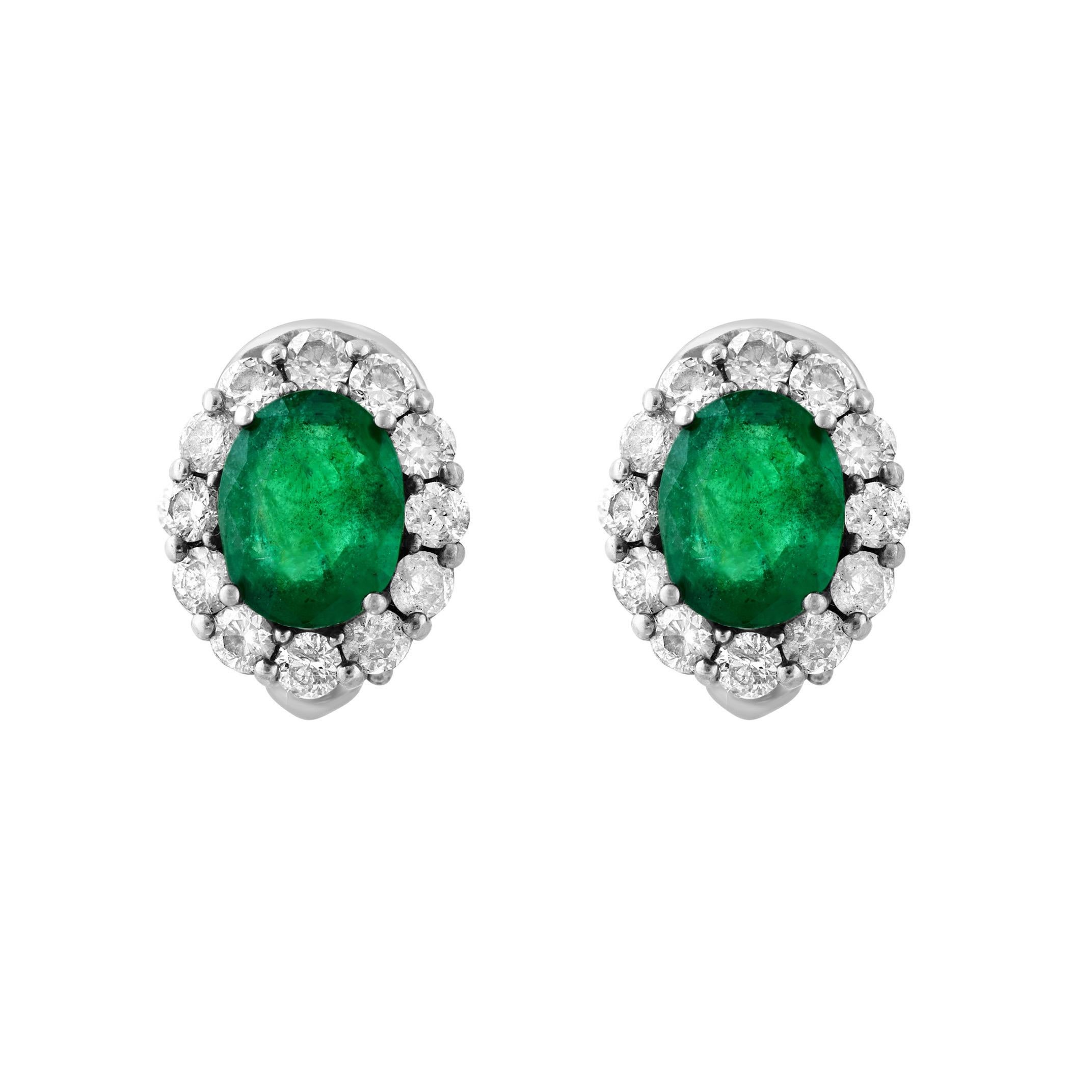 6 Carat Oval Shape Emerald & 2 Ct Diamond Post Back Earrings 14 Karat White Gold