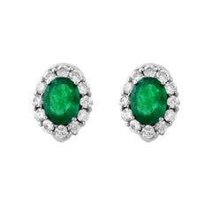 6 Carat Oval Shape Emerald & 2 Ct Diamond Post Back Earrings 14 Karat White Gold