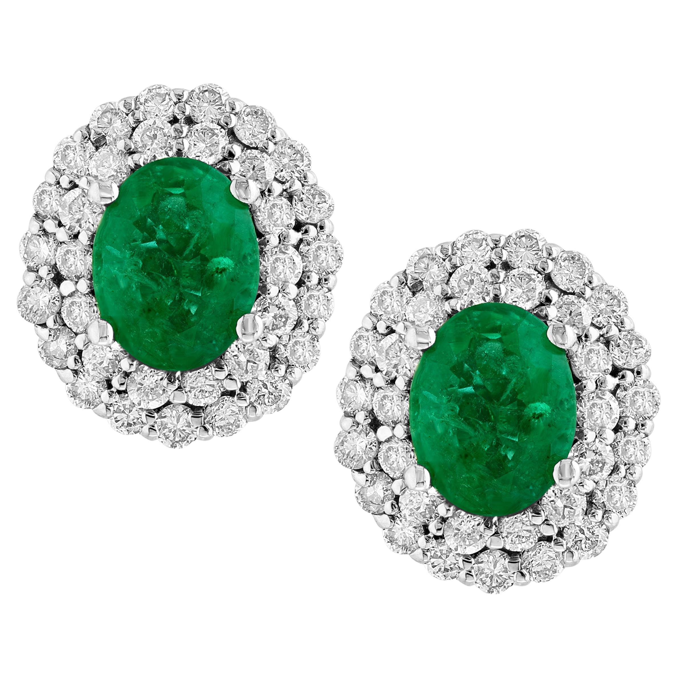 6 Carat Oval Shape Emerald and Diamond Post Back Earrings 14 Karat White Gold 