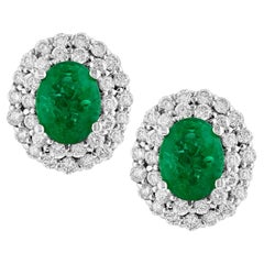 6 Carat Oval Shape Emerald and Diamond Post Back Earrings 14 Karat White Gold