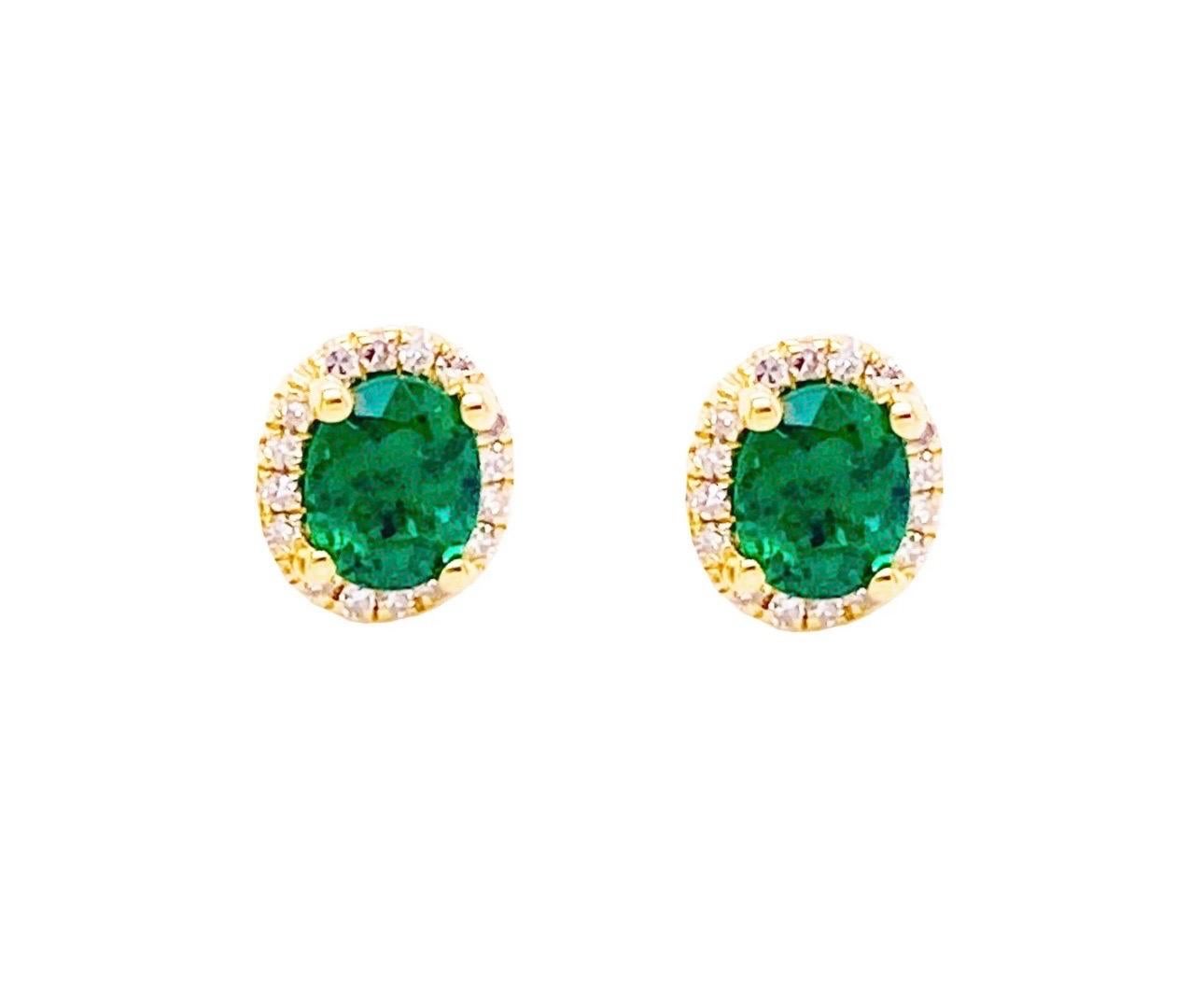 6 Carat Oval Shape Emerald and Diamond Post Back Earrings 14 Karat Yellow Gold For Sale 4