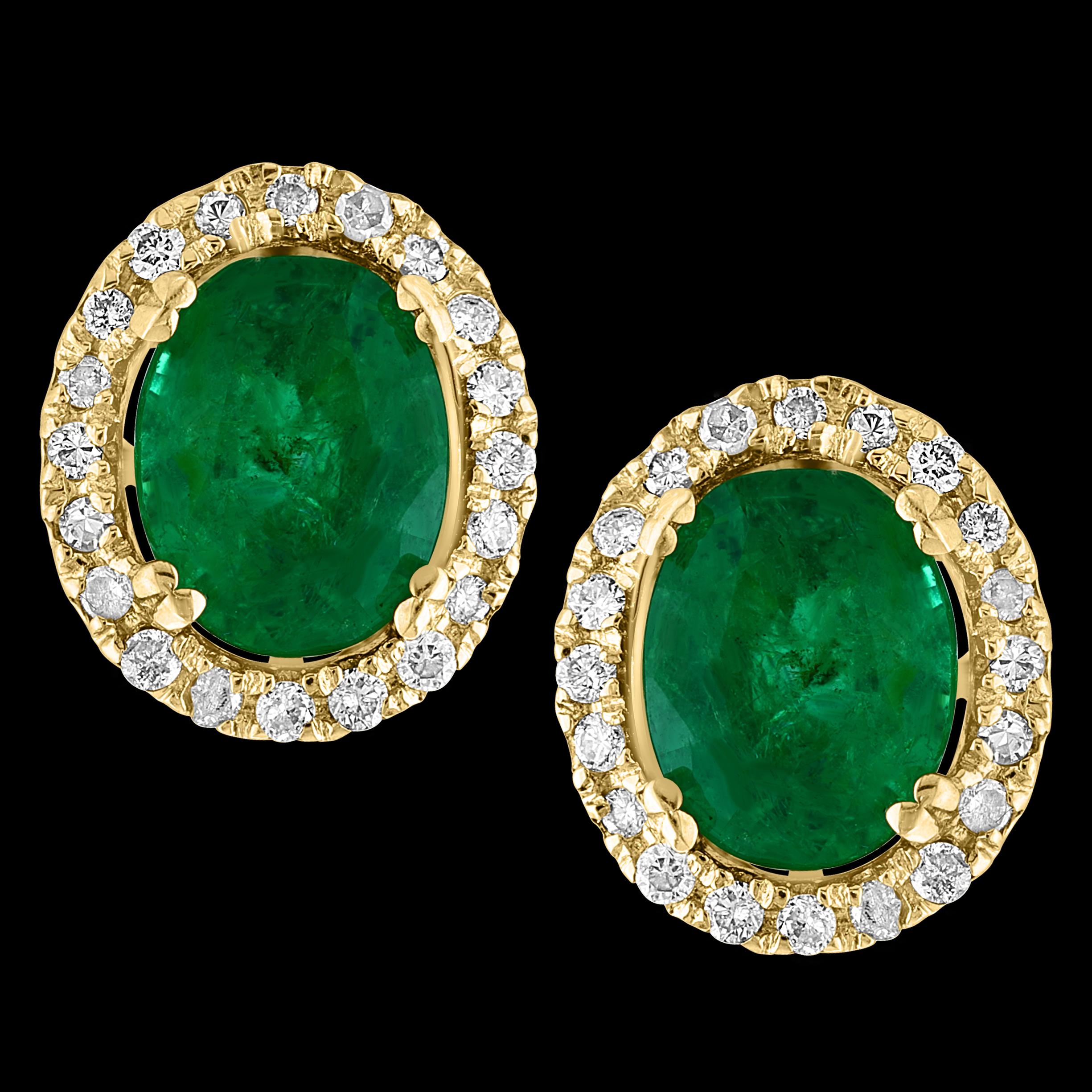 6 Carat Oval Shape Emerald and Diamond Post Back Earrings 14 Karat Yellow Gold For Sale 8