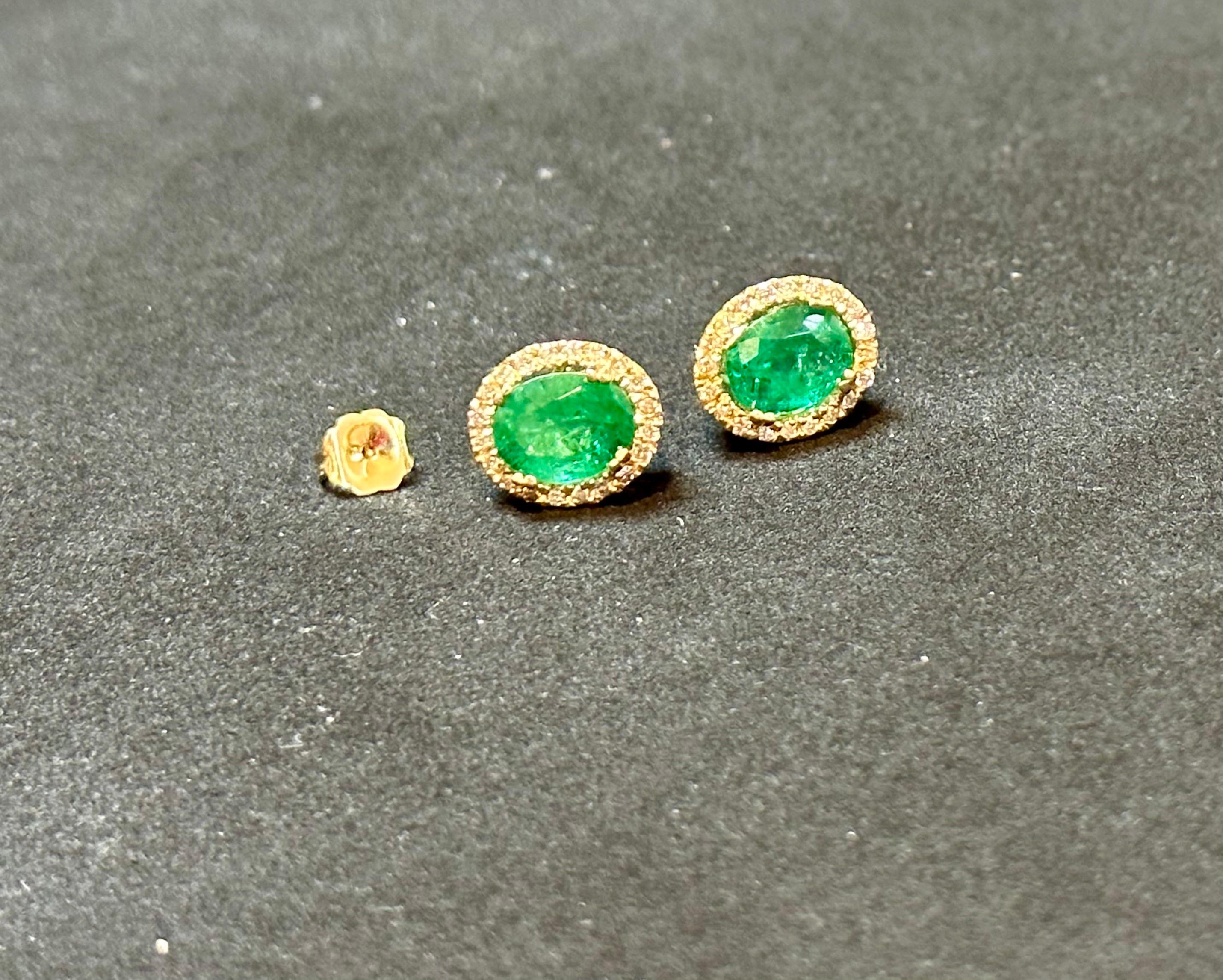 Oval Cut 6 Carat Oval Shape Emerald and Diamond Post Back Earrings 14 Karat Yellow Gold For Sale