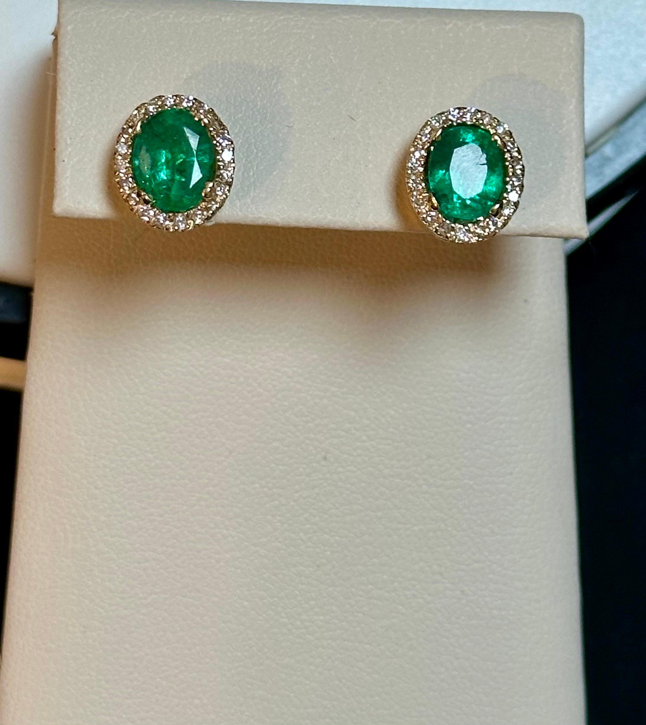 6 Carat Oval Shape Emerald and Diamond Post Back Earrings 14 Karat Yellow Gold For Sale 1