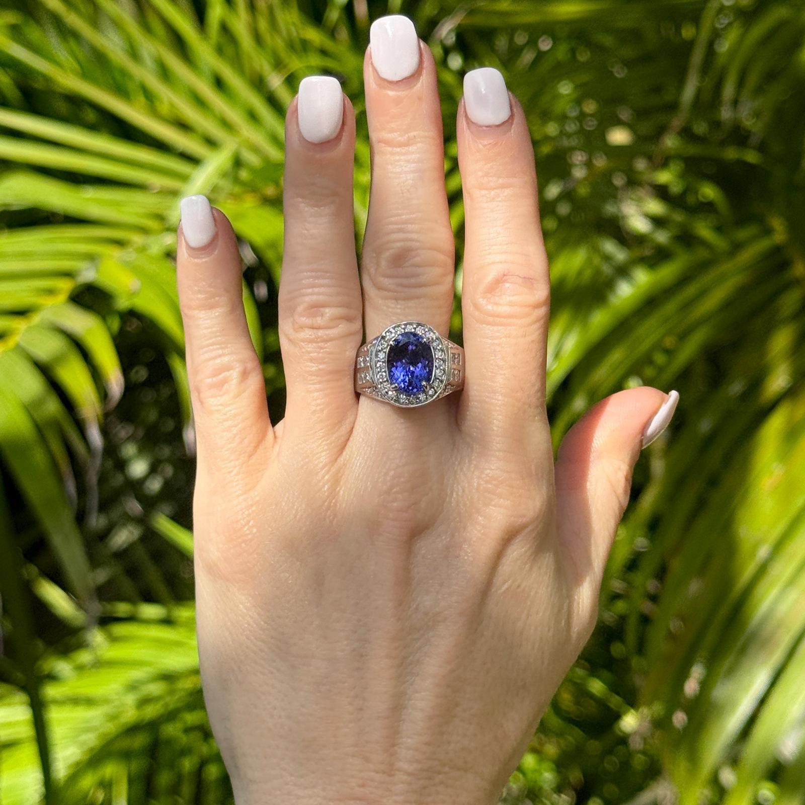 Oval Cut 6-Carat Oval Tanzanite Diamond 18 Karat White Gold Cocktail Ring