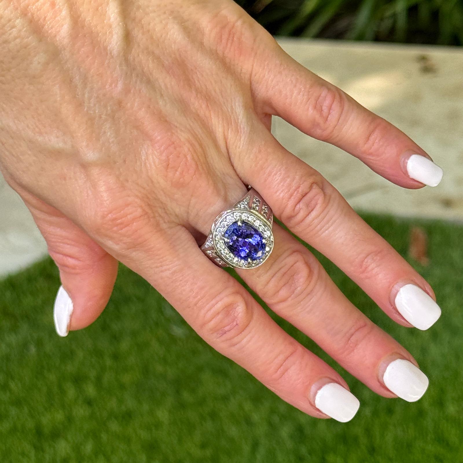 Women's 6-Carat Oval Tanzanite Diamond 18 Karat White Gold Cocktail Ring