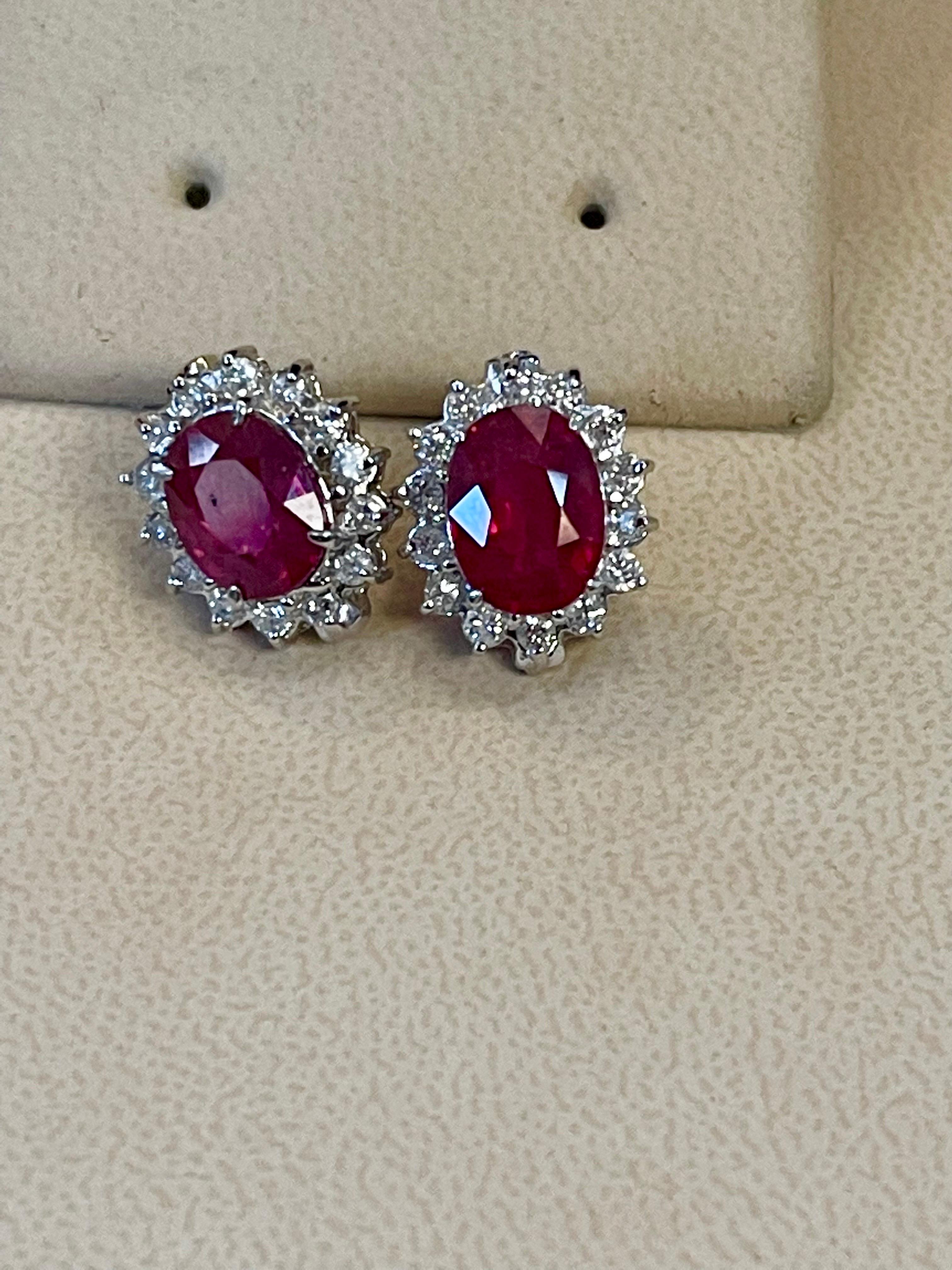6 Carat Oval Treated Ruby & 1.2 Ct Diamond Stud Earrings 14 Karat White Gold For Sale 4
