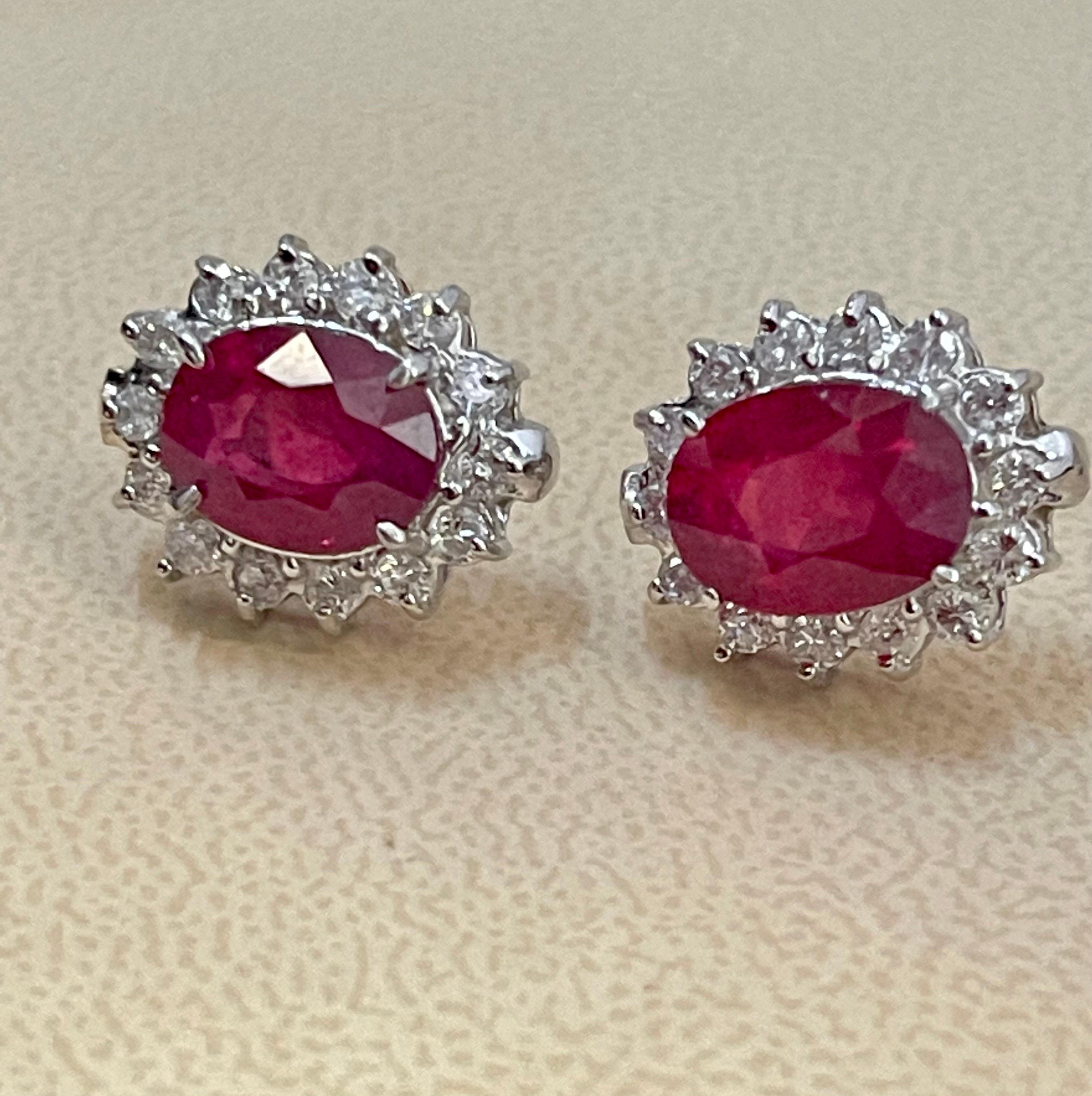 6 Carat Oval Treated Ruby & 1.2 Ct Diamond Stud Earrings 14 Karat White Gold For Sale 6