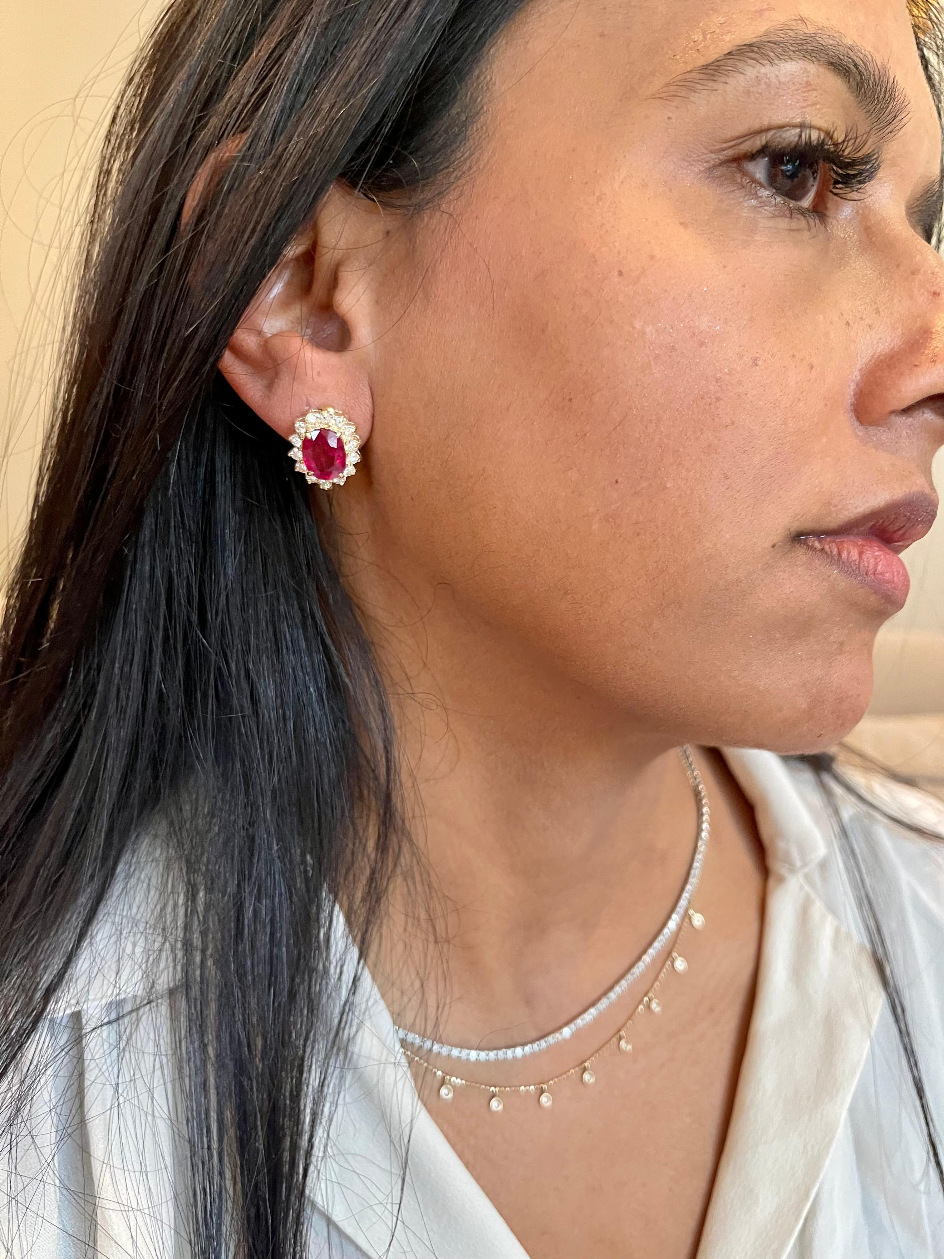 6 Carat Oval Treated Ruby & 1.2 Ct Diamond Stud Earrings 14 Karat White Gold For Sale 7