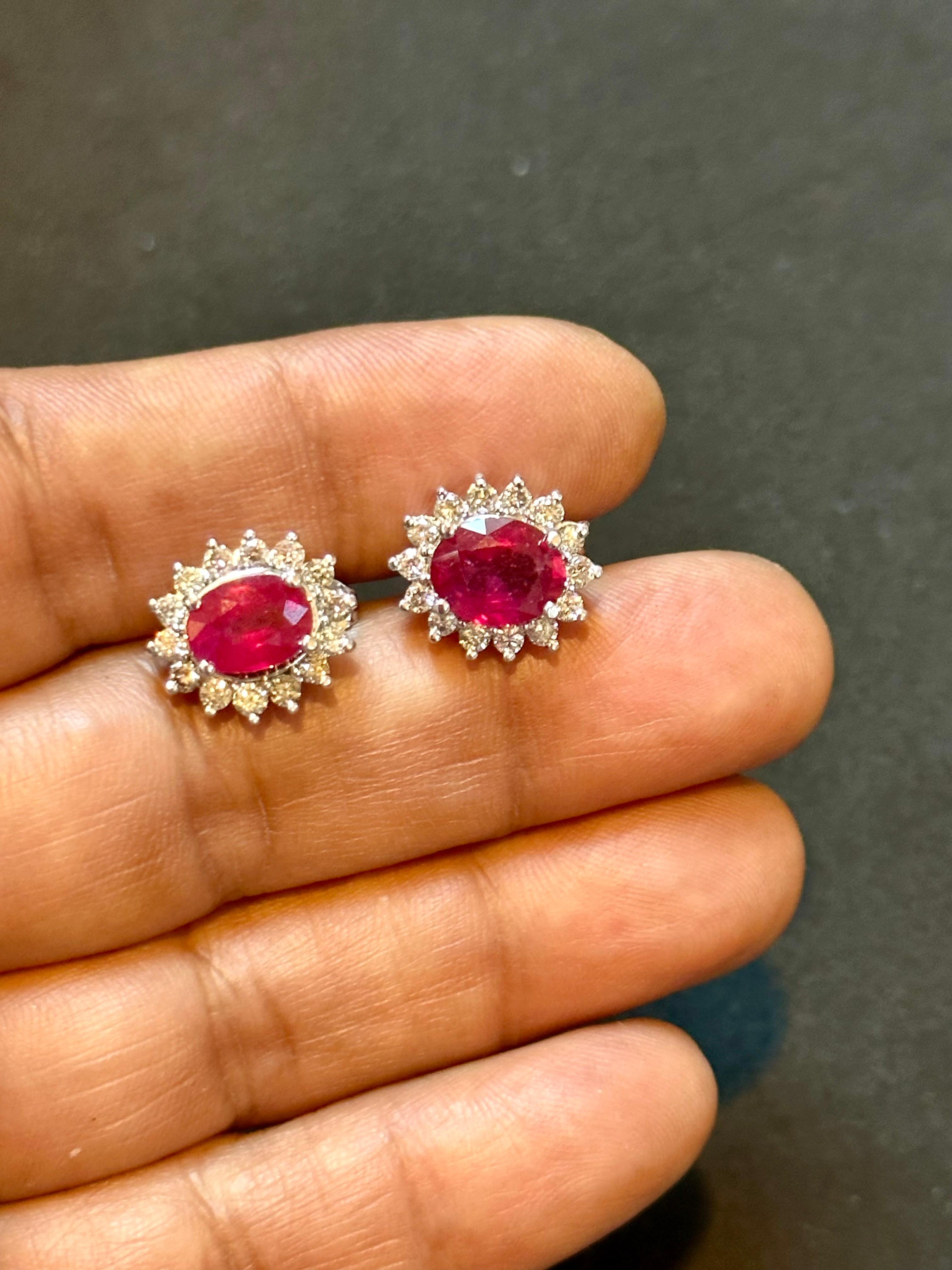 6 Carat Oval Treated Ruby & 1.2 Ct Diamond Stud Earrings 14 Karat White Gold For Sale 8