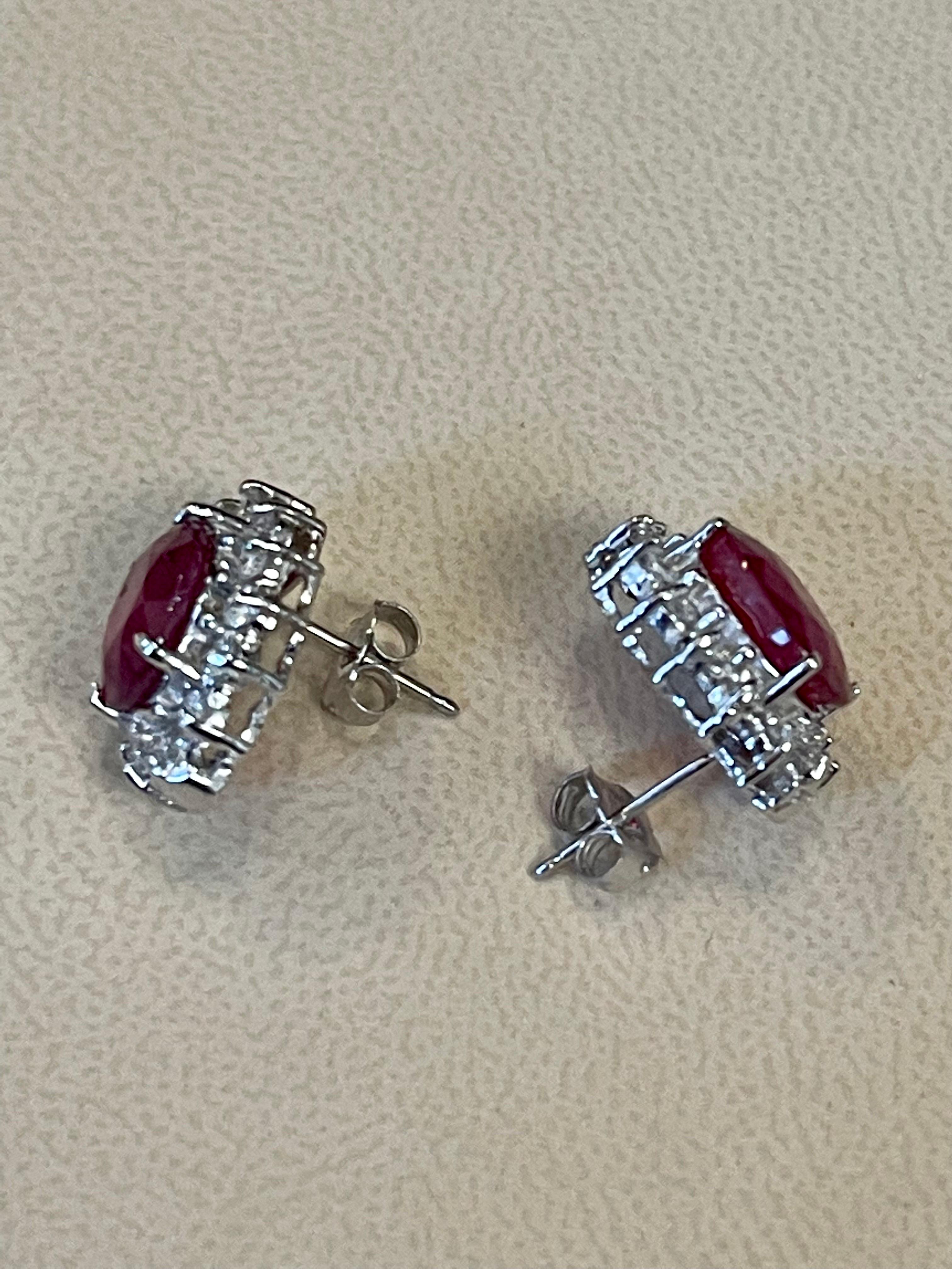6 Carat Oval Treated Ruby & 1.2 Ct Diamond Stud Earrings 14 Karat White Gold In New Condition For Sale In New York, NY
