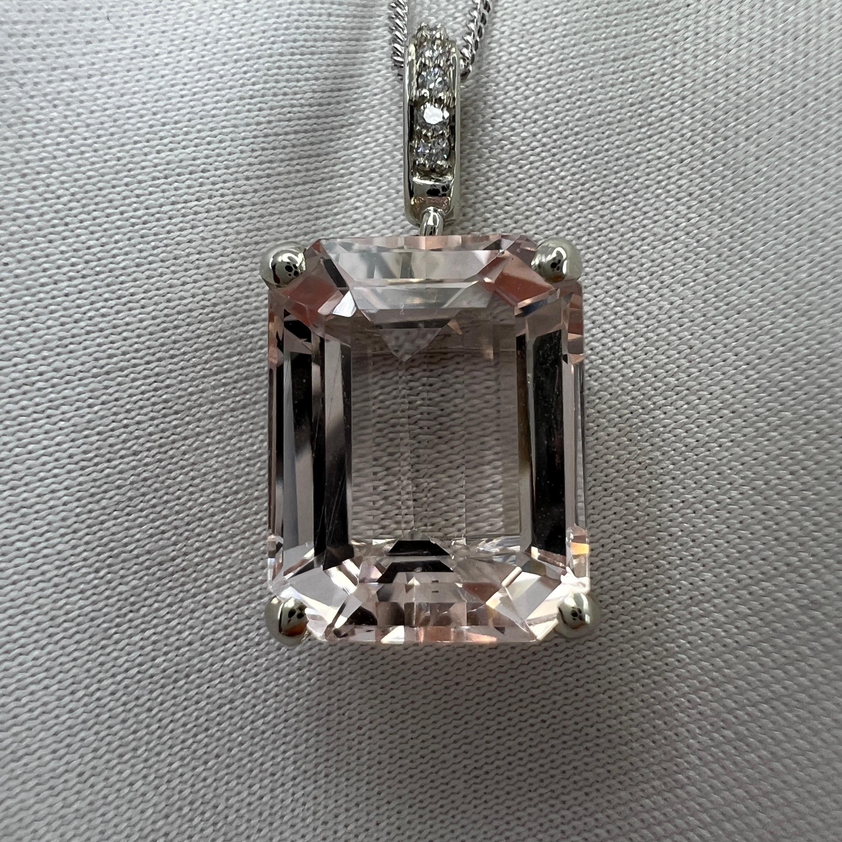 Fine Emerald Cut Morganite And Diamond 18k White Gold Pendant Necklace.

Beautiful 6 carat peach pink morganite set in a fine 18k white gold solitaire pendant. Accented by x6 1mm white diamonds, approx. G/H colour Si1/2 clarity.

Stunning morganite