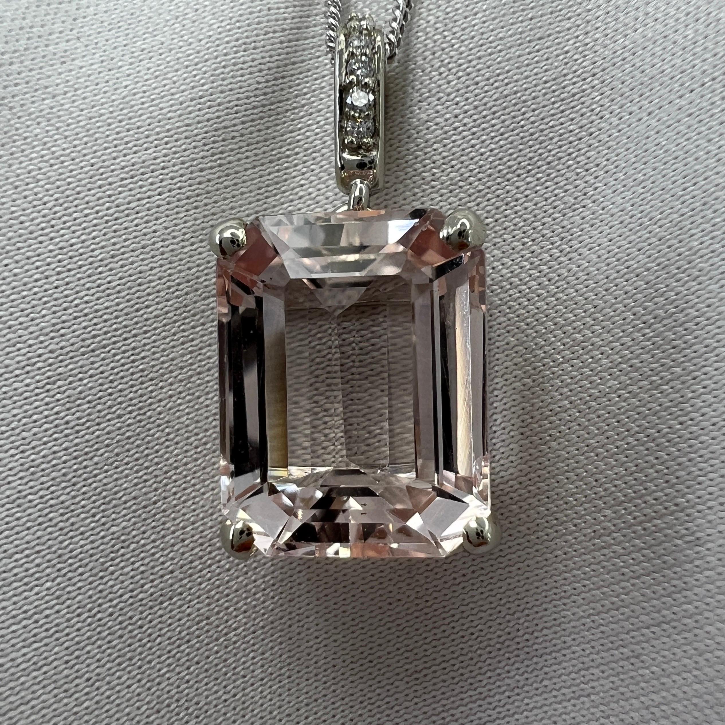 6 Carat Peach Morganite & Diamond Emerald Cut 18k White Gold Pendant Necklace For Sale 1