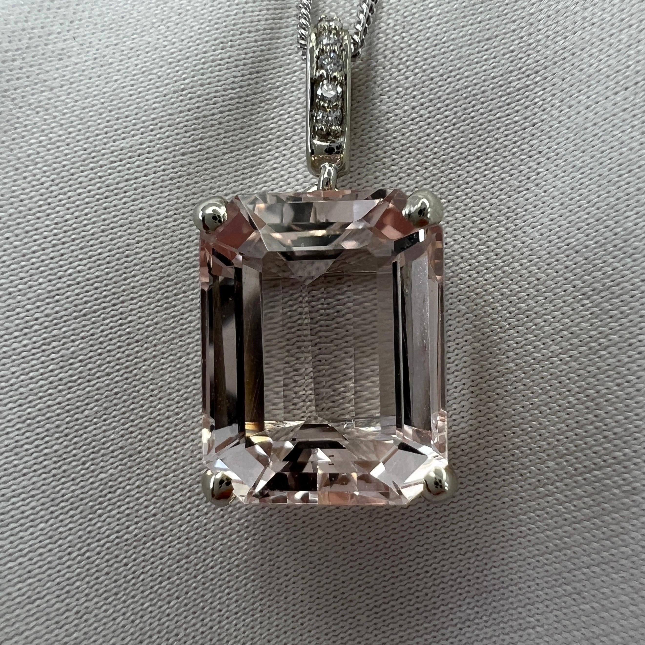 6 Carat Peach Morganite & Diamond Emerald Cut 18k White Gold Pendant Necklace For Sale 2