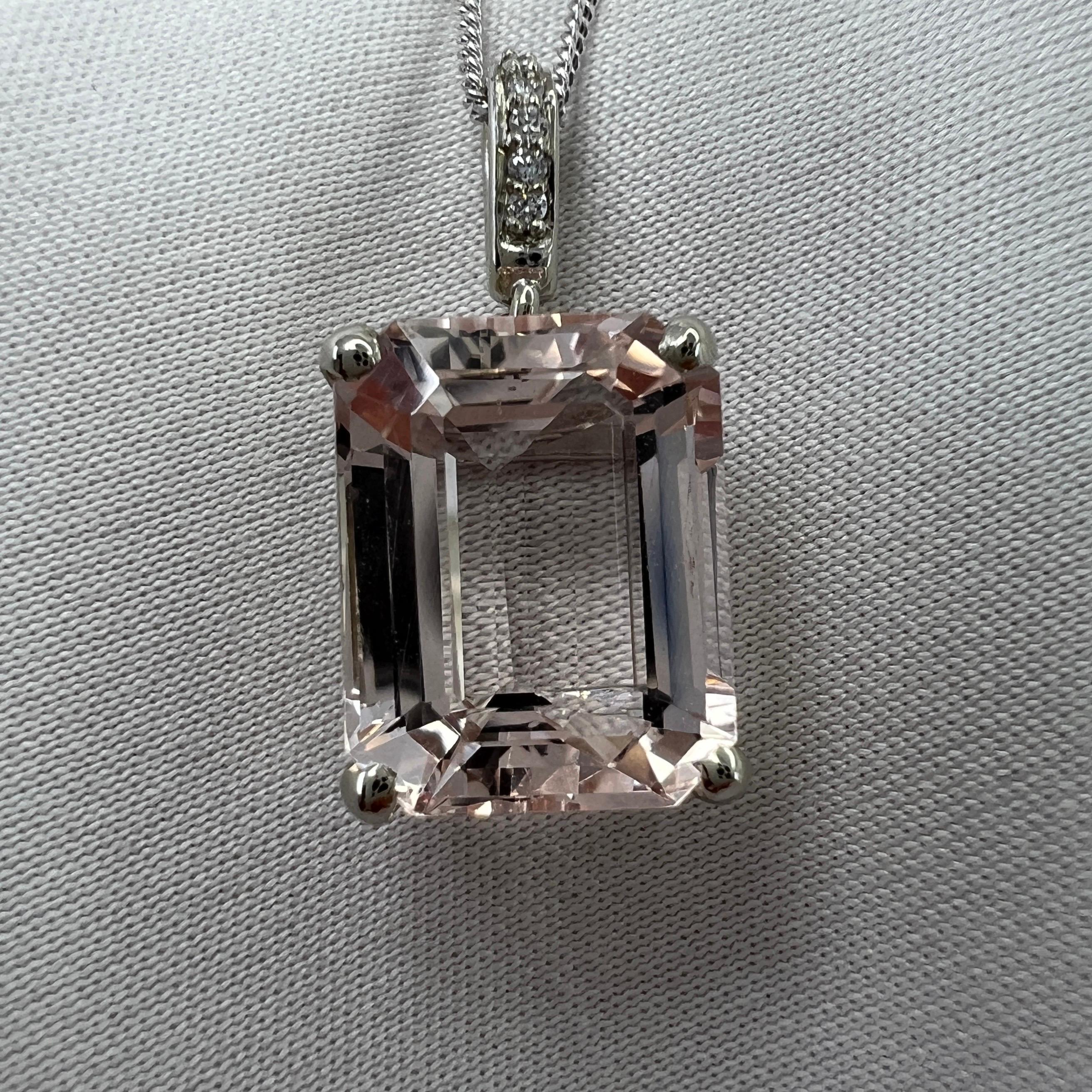 6 Carat Peach Morganite & Diamond Emerald Cut 18k White Gold Pendant Necklace For Sale 3