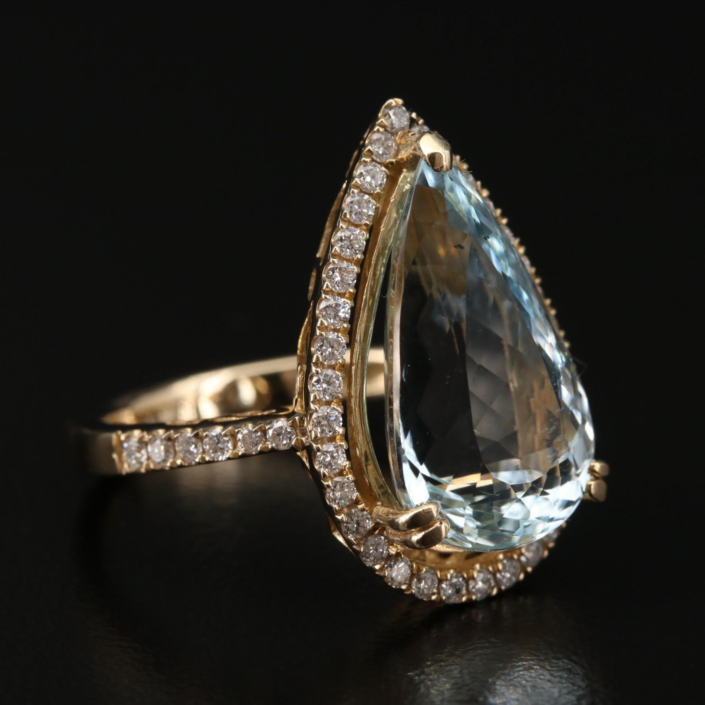 Im Angebot: Verlobungsring mit zertifiziertem 6 Karat Aquamarin im Birnenschliff und Diamant im antiken Stil () 4