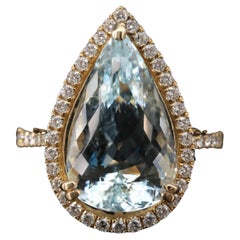 Certified 6 Carat Pear Cut Halo Aquamarine Diamond Antique Style Engagement Ring