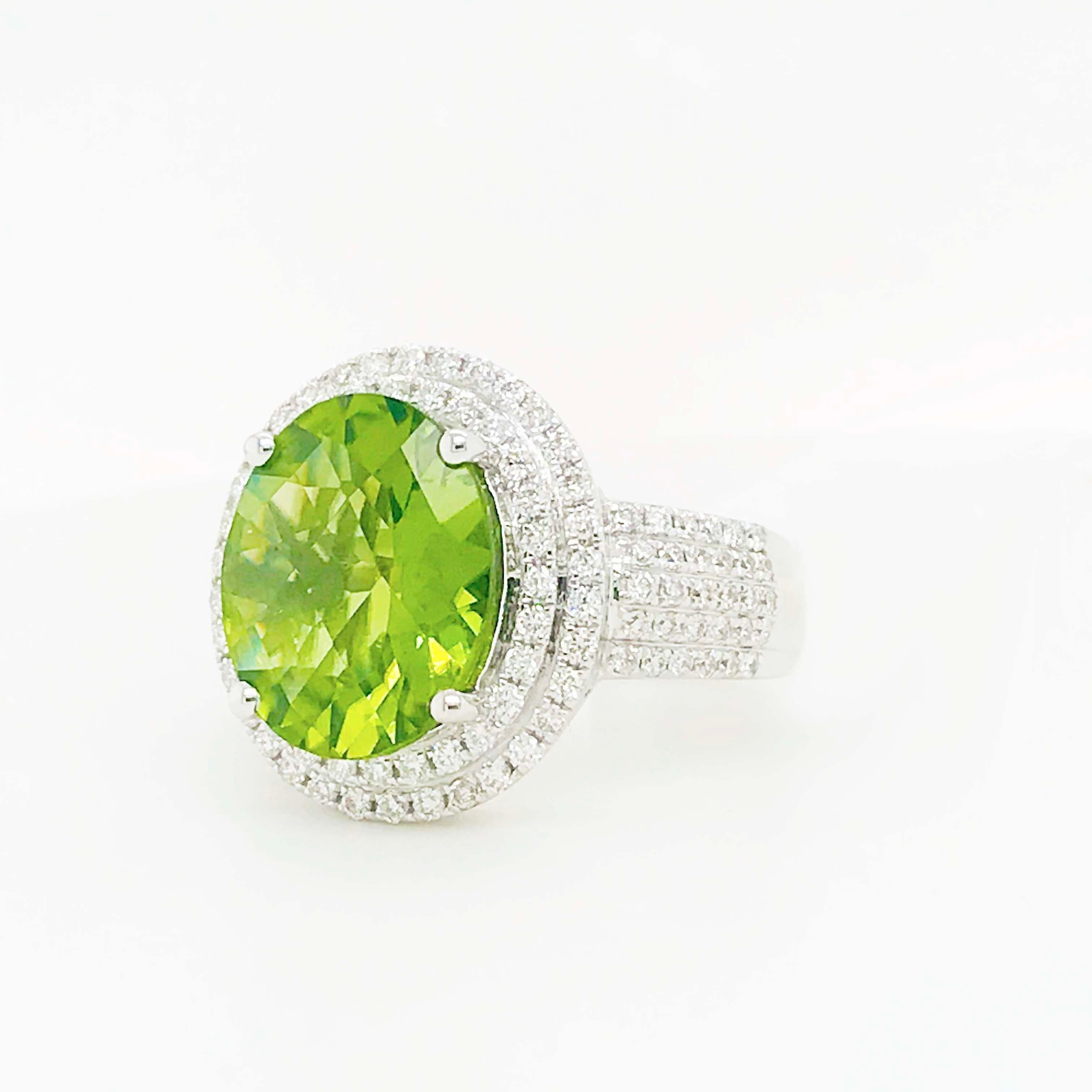 6 Carat Peridot & Diamond Double Halo Ring 14k White Gold Oval Peridot Pave Dia 3