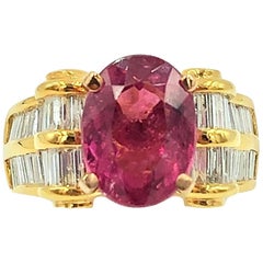 Pink Tourmaline Ring 6 Carat with Baguette Diamond Setting 18K Gold