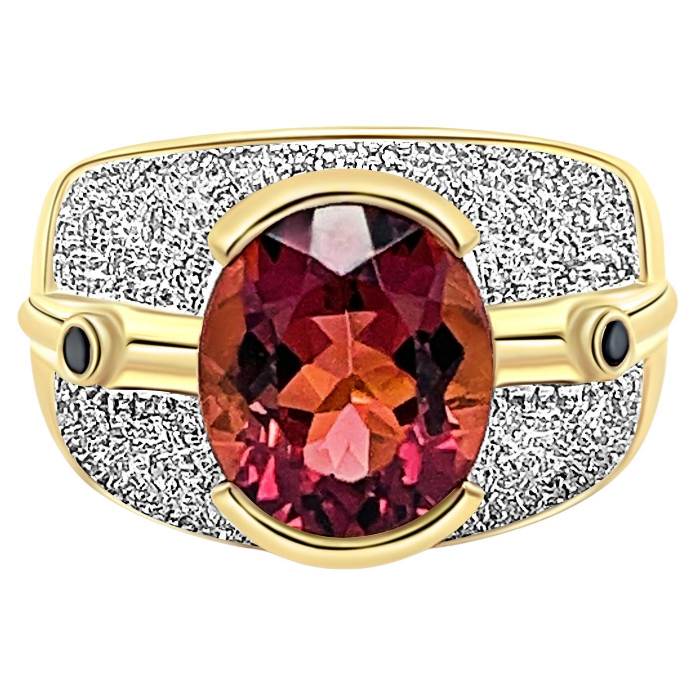6 Carat Pinkish Red Oval Tourmaline with Black & White Diamond in 18K Gold For Sale