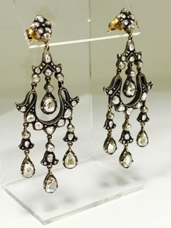 6 Carat Rose Cut Diamond Antique Style Chandelier Earrings in 18 Karat Gold