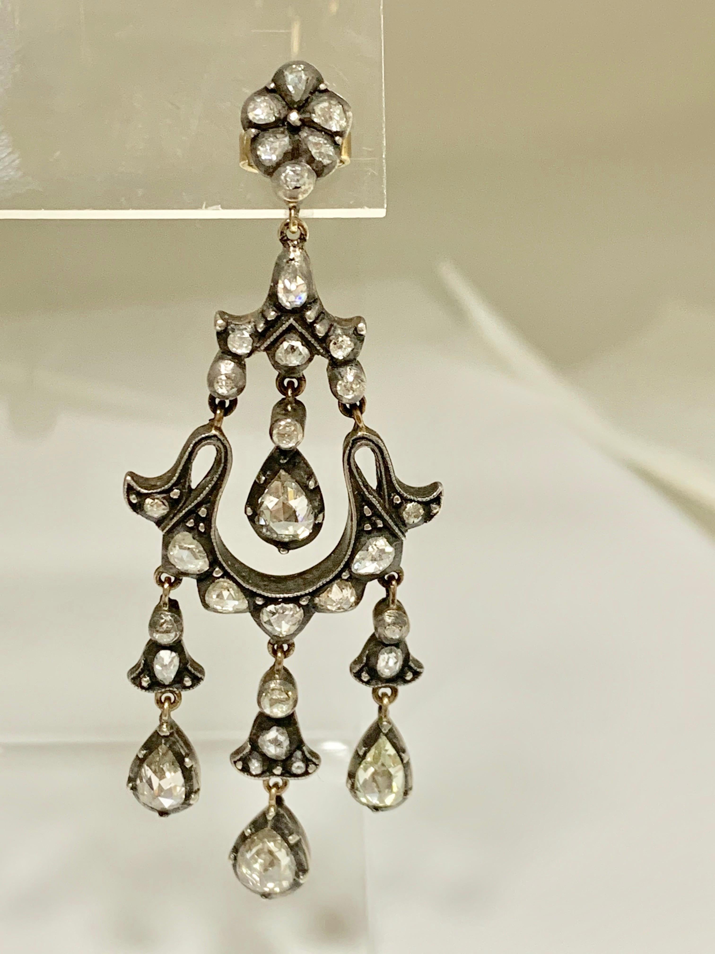 6 Carat Rose Cut Diamond Antique Style Chandelier Earrings in 18 Karat Gold In New Condition For Sale In New York, NY