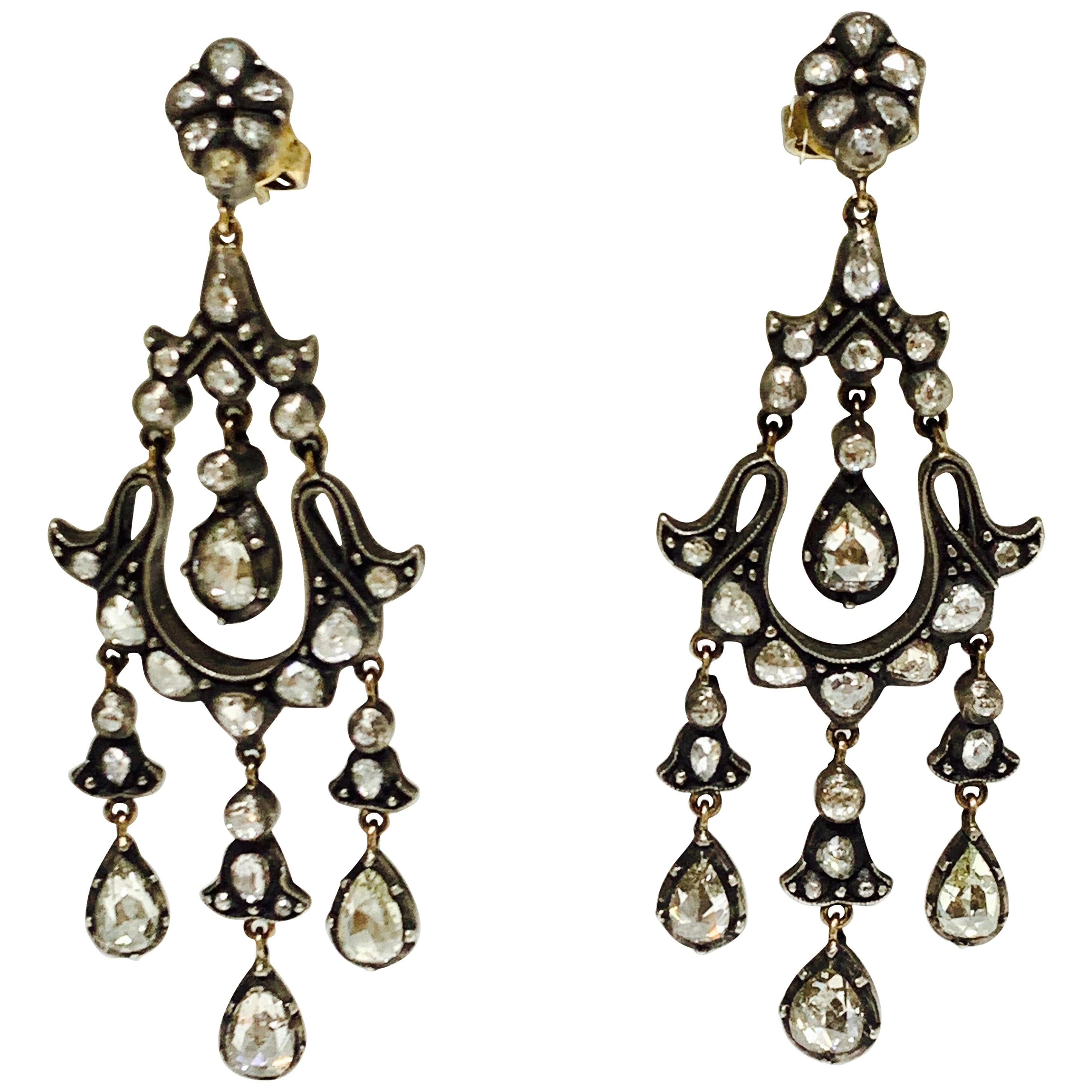 6 Carat Rose Cut Diamond Antique Style Chandelier Earrings in 18 Karat Gold For Sale