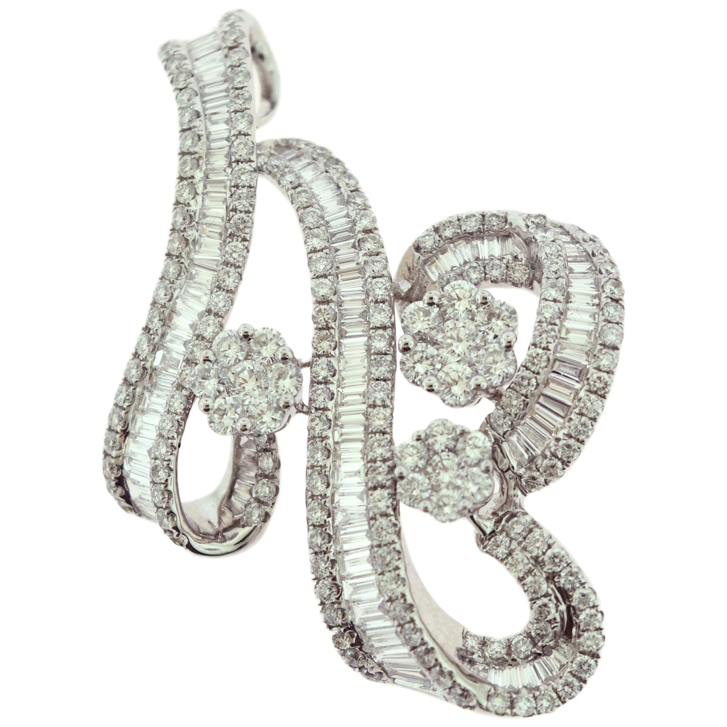 6 Carat Round and Baguette Diamond Cocktail Brooch, Pendant White Gold For Sale