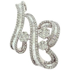 6 Carat Round and Baguette Diamond Cocktail Brooch, Pendant White Gold