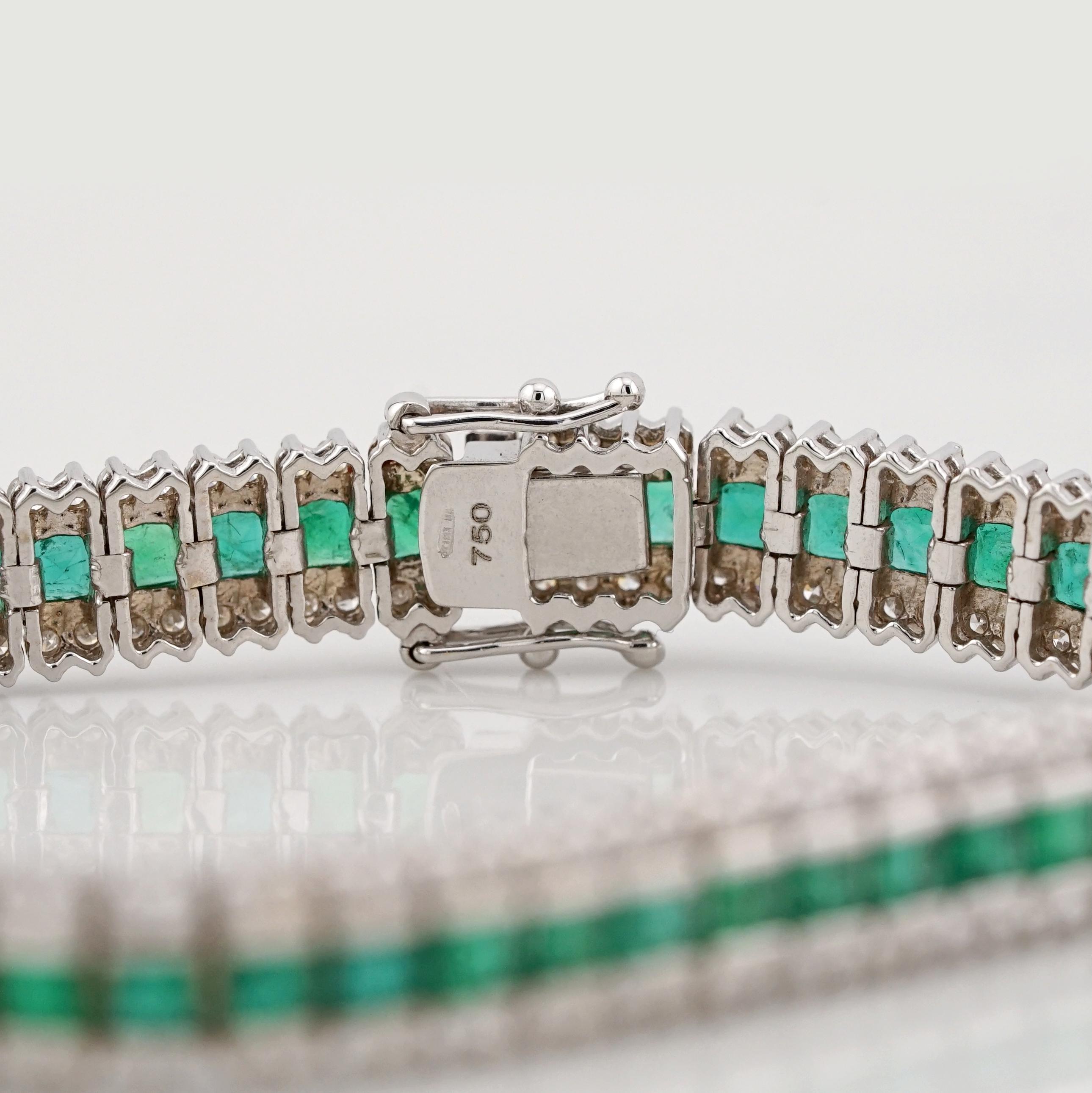 da uomo o donna Bracciale tennis con diamanti rotondi da 6 carati e smeraldi verdi da 10 carati in oro bianco 18 carati in vendita