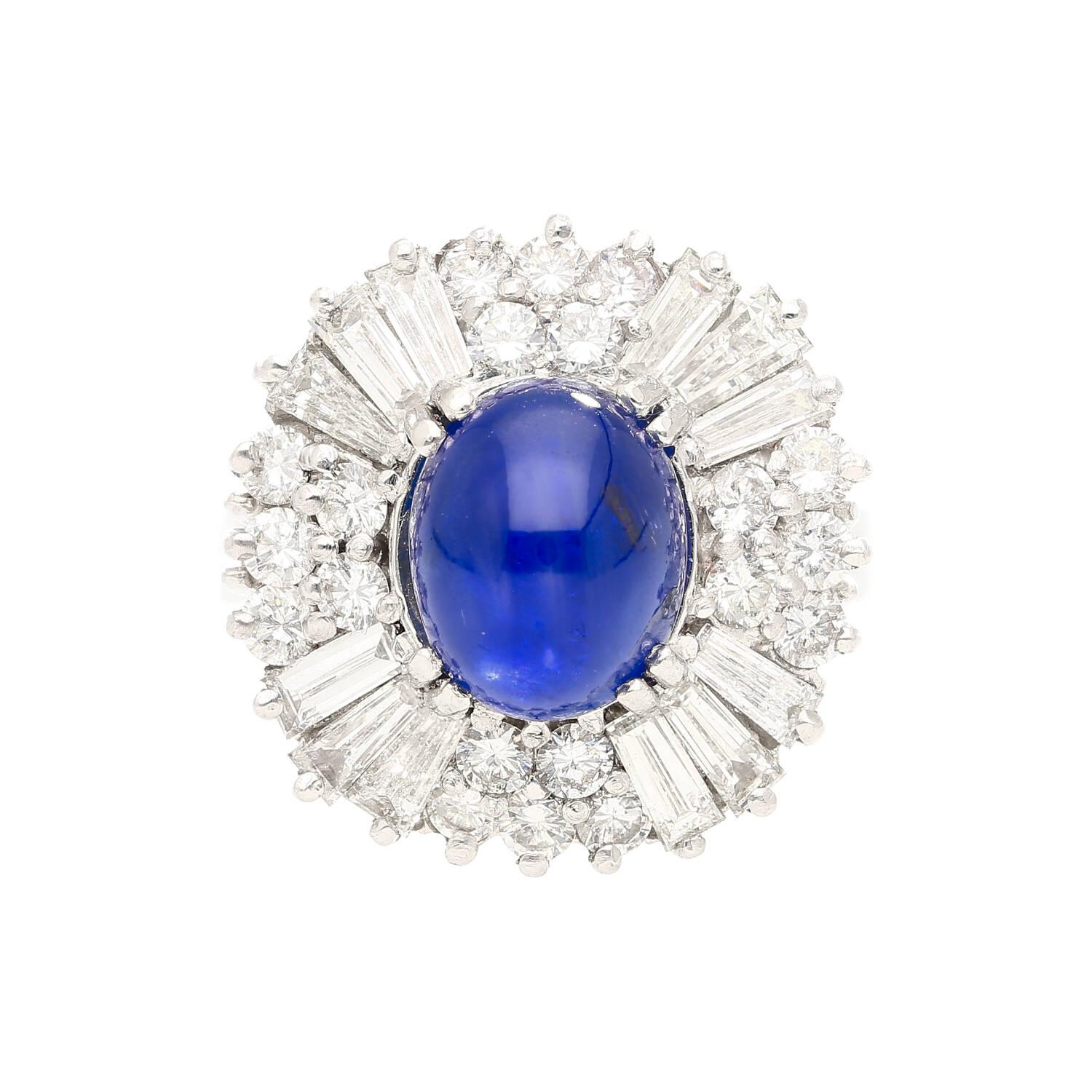 Art Deco 6 Carat Royal Blue No Heat Burma Star-Sapphire and Diamond Halo Ring in Platinum For Sale