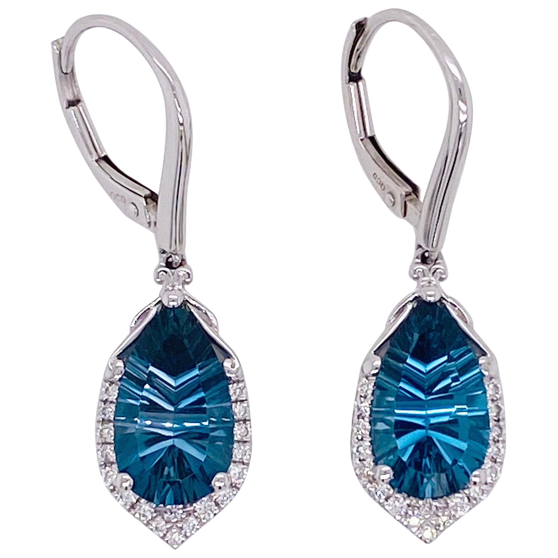 6 Carat Royal Blue Topaz and Diamond Earring Dangles 14 Karat Gold London Blue