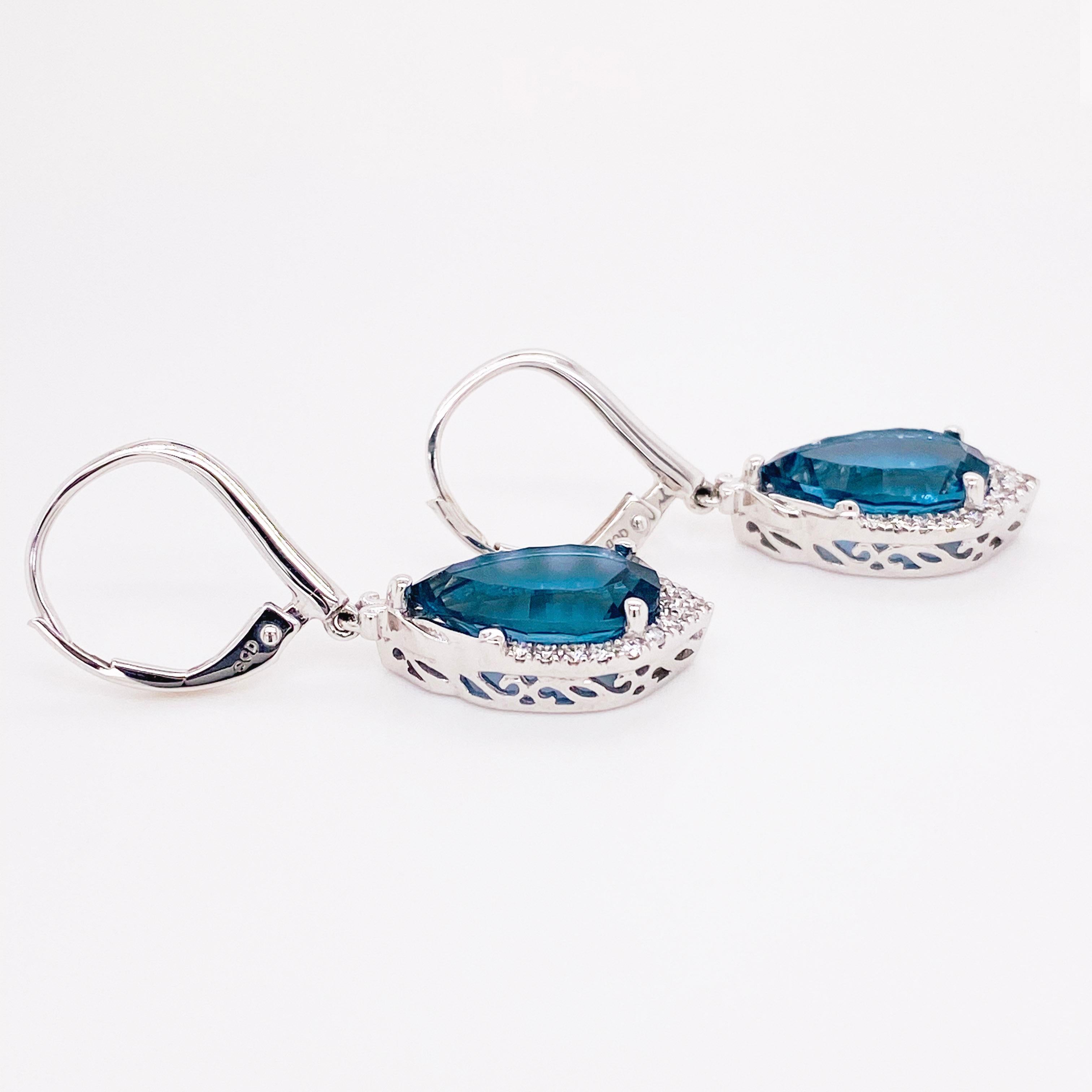 Modern 6 Carat Royal Blue Topaz and Diamond Earring Dangles 14 Karat Gold London Blue