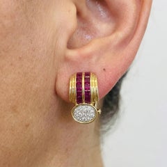 6 Carat Ruby 1 Carat Diamond 18k Gold Platinum French Clip-on Earrings