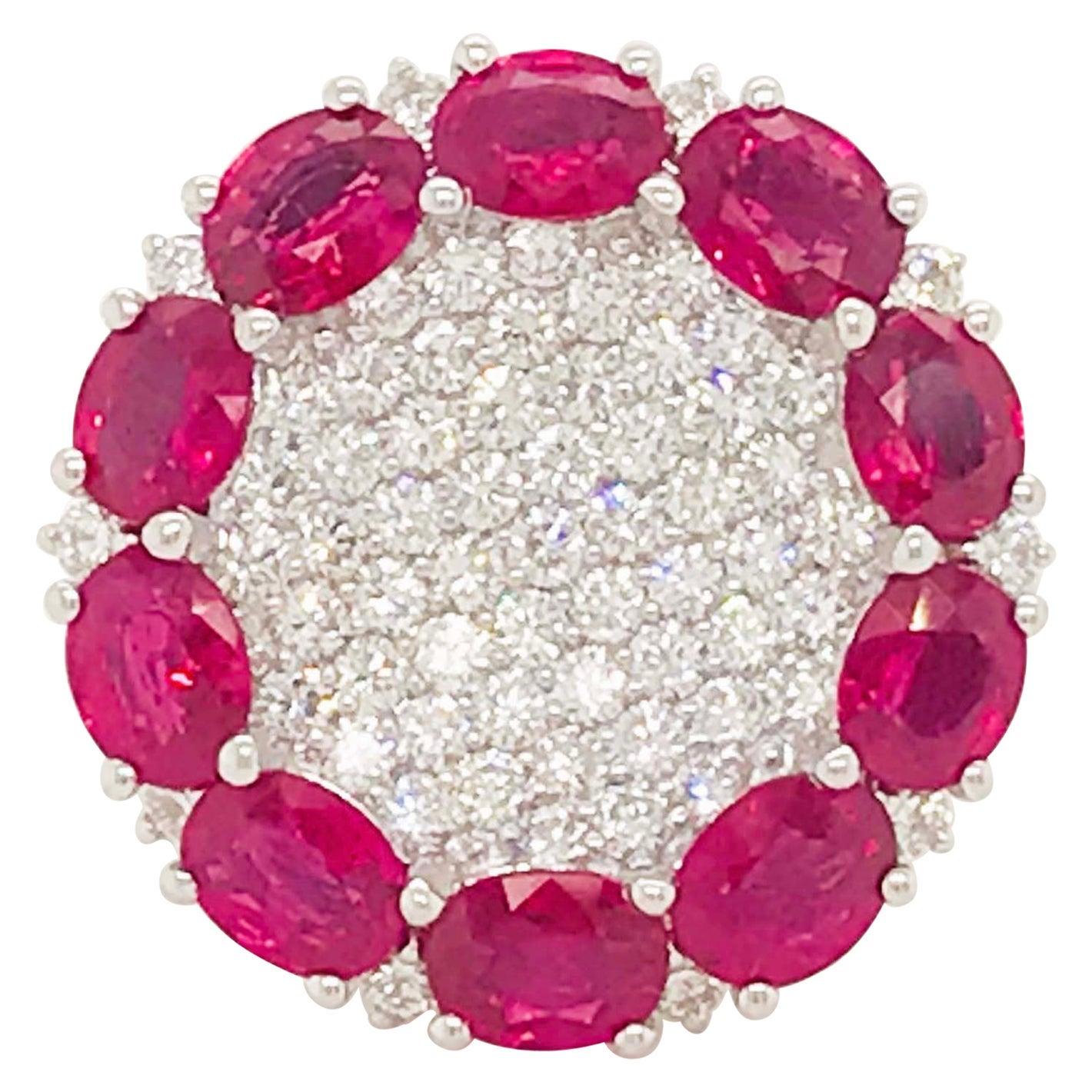 6 Carat Ruby Diamond Cocktail Ring 18k White Gold Circle of Ruby Pave Diamond