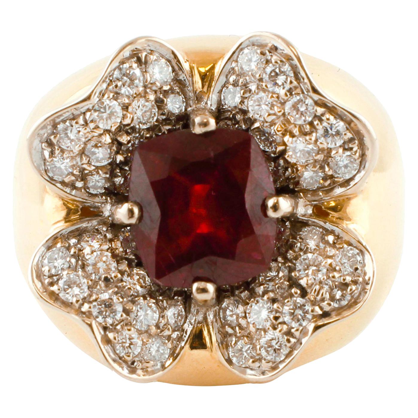 6 Carat Ruby, White Diamonds, Flower Shape, 18 Karat Gold Cluster/Cocktail Ring