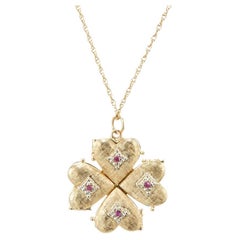 Retro .6 Carat Ruby Yellow Gold Quadruple Heart Locket Pendant Necklace