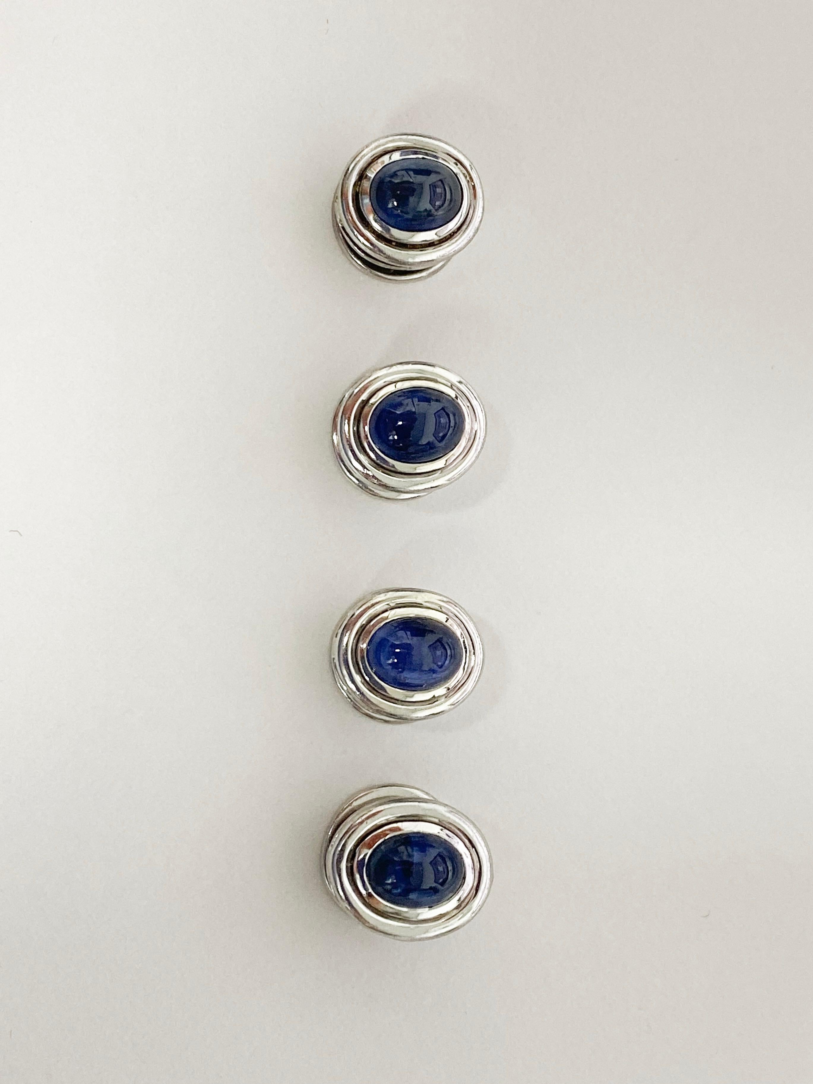6 Carat Sapphire Cabochon Cufflinks and Studs Set in 18 Karat White Gold For Sale 2