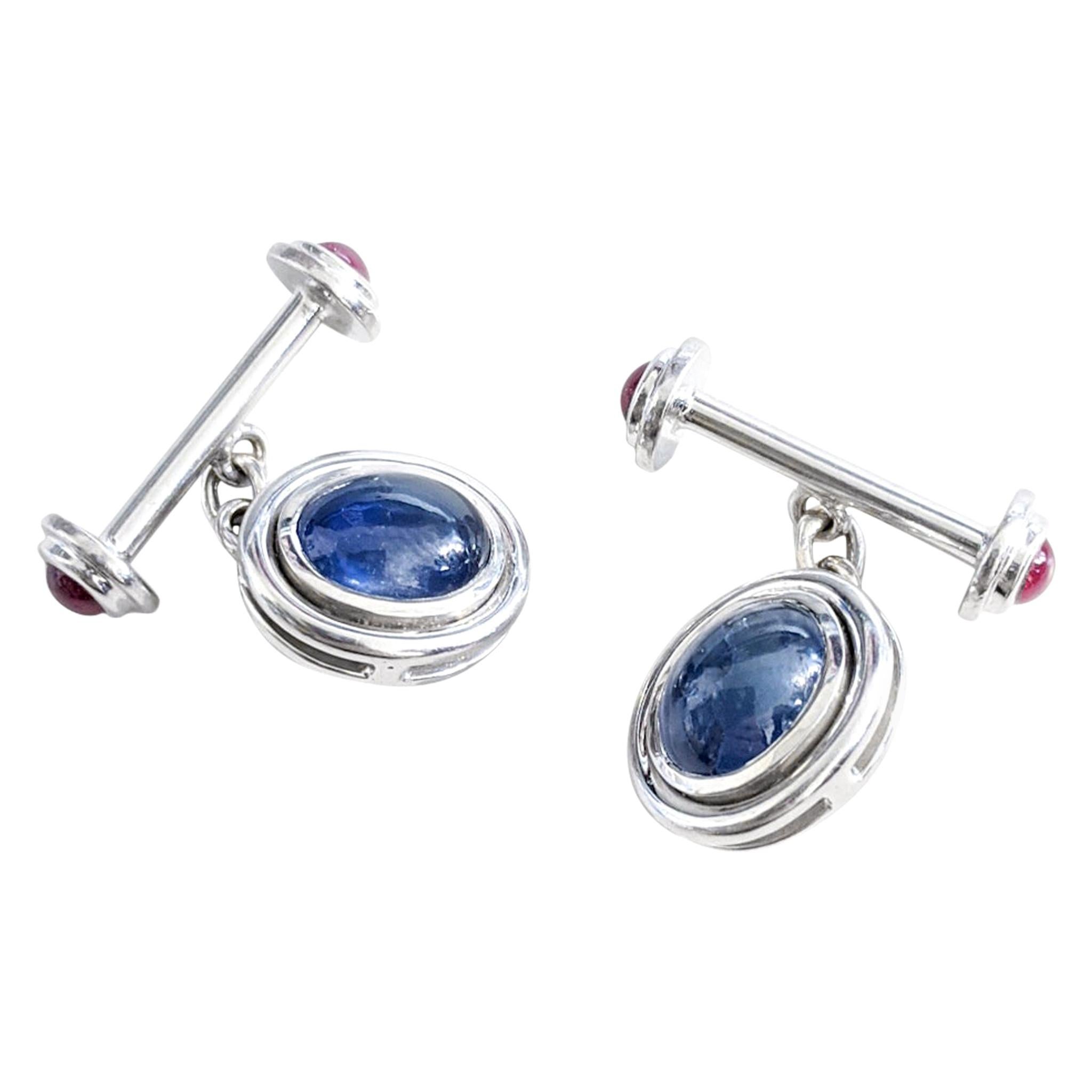 6 Carat Sapphire Cabochon Cufflinks and Studs Set in 18 Karat White Gold For Sale