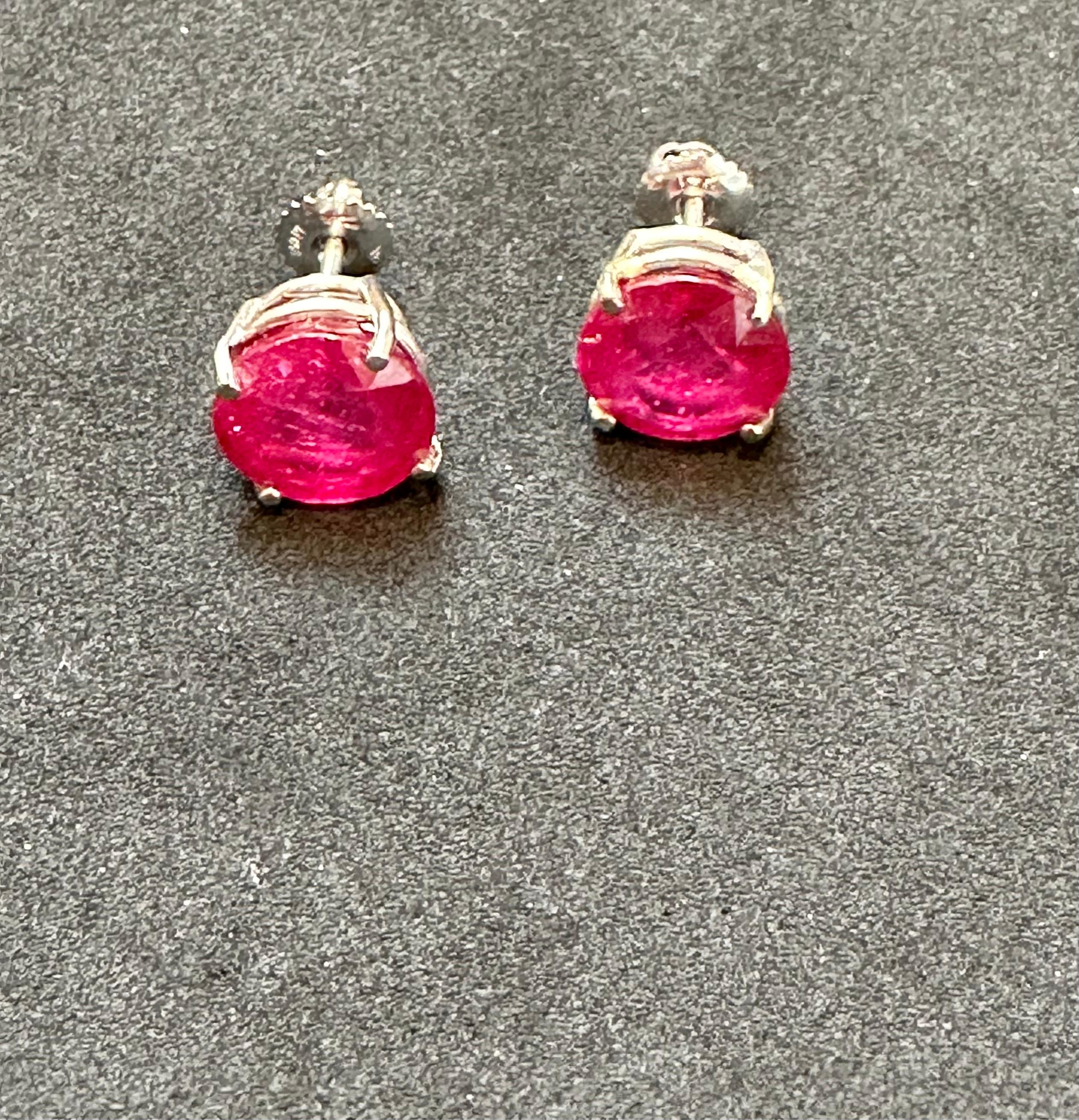 6 Carat Solitaire Treated Ruby Earrings 4 Prongs Screw Back 14 Karat White Gold 4