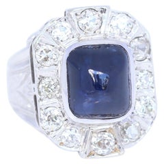 6 Carat Sugarloaf Cabochon Sapphire Diamond Platinum Gold Unisex Ring