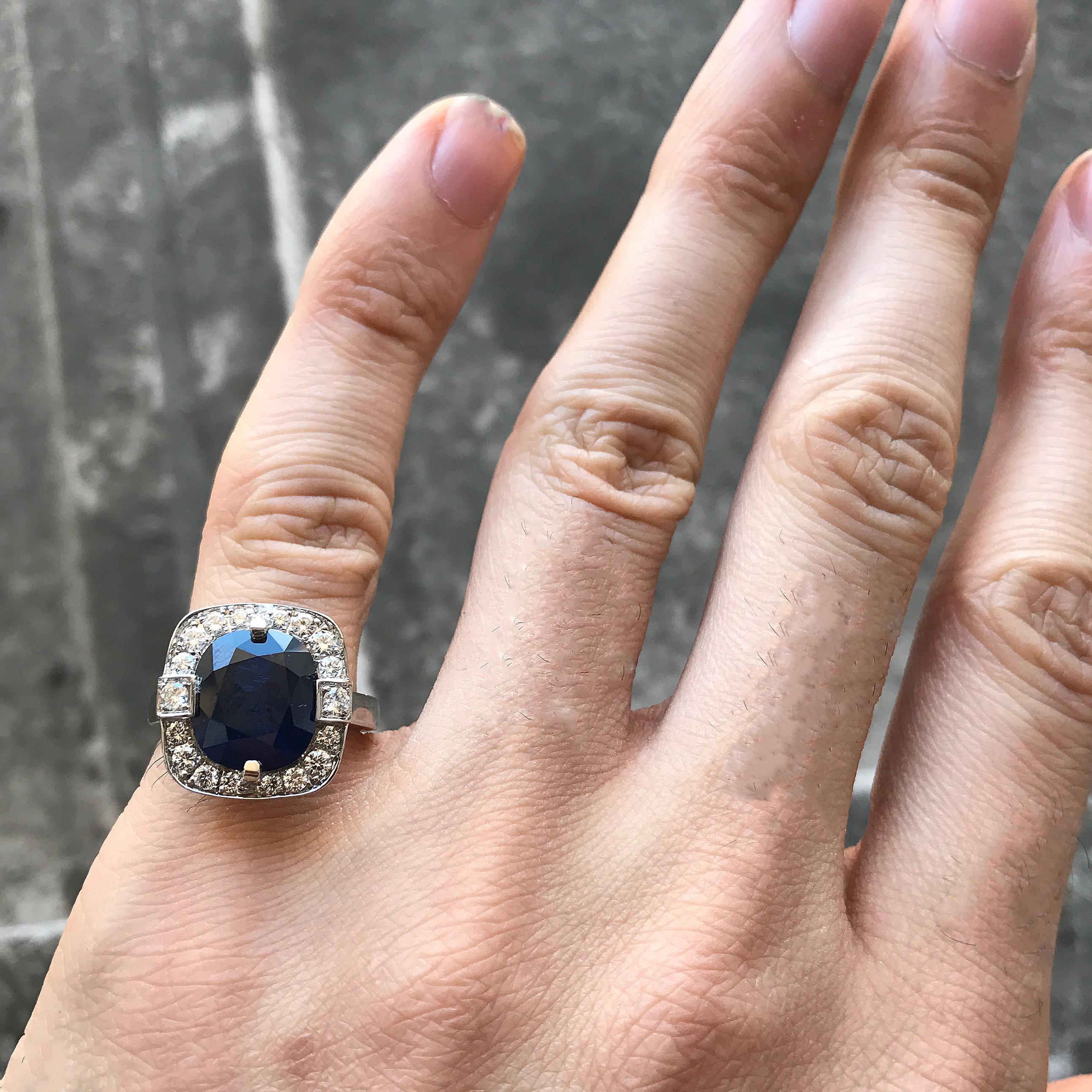 Modern 6 Carat TW Approximate Blue Sapphire and Diamond Ring, Ben Dannie For Sale
