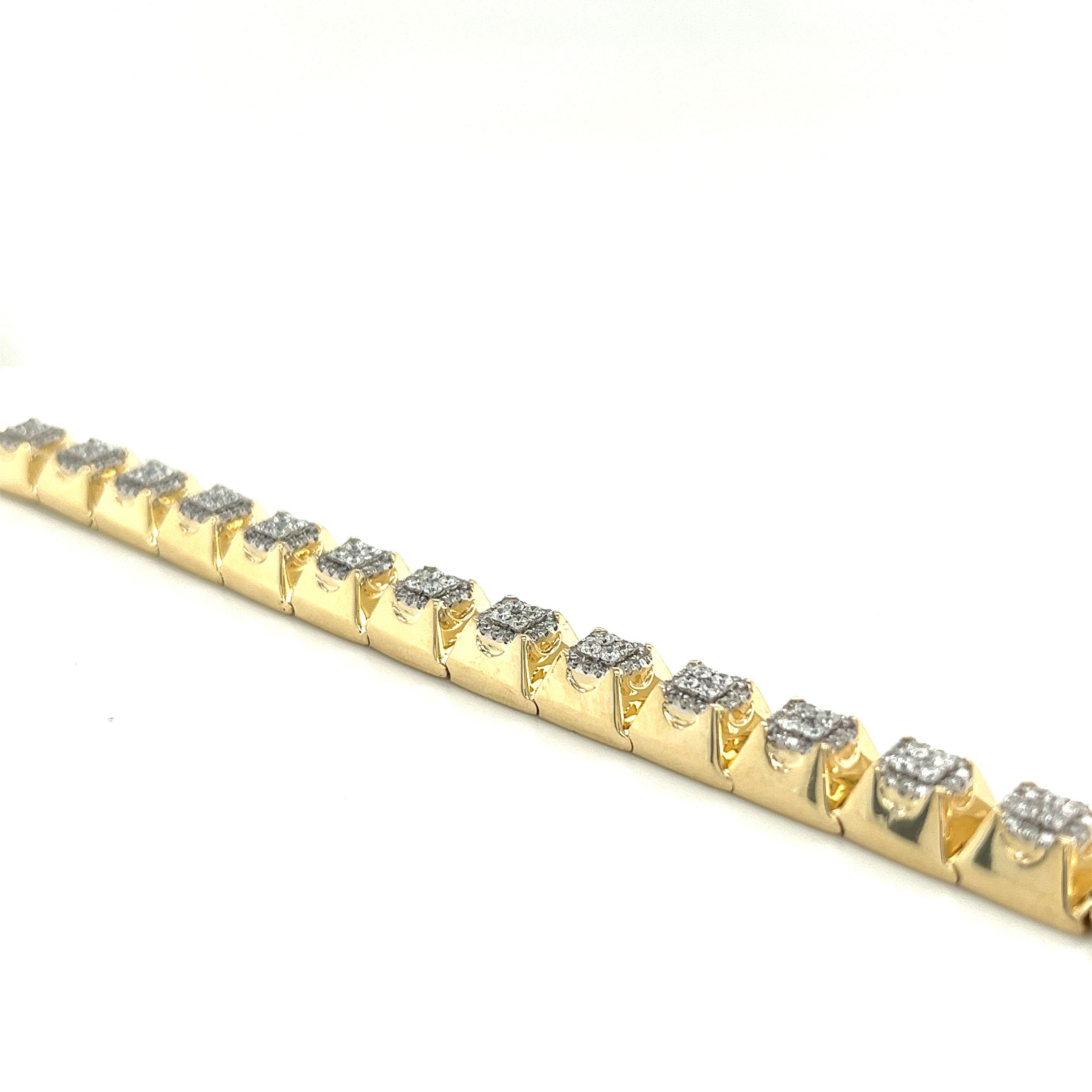 This gold bracelet is set in well-contrasted two-tone 14-karat gold. Genuine, 14k yellow gold. NOT Plated, NOT Filled, and NOT Overlayed. Professionally tested and stamped 14K. Extremely durable with a brand-new polished finish for long-lasting