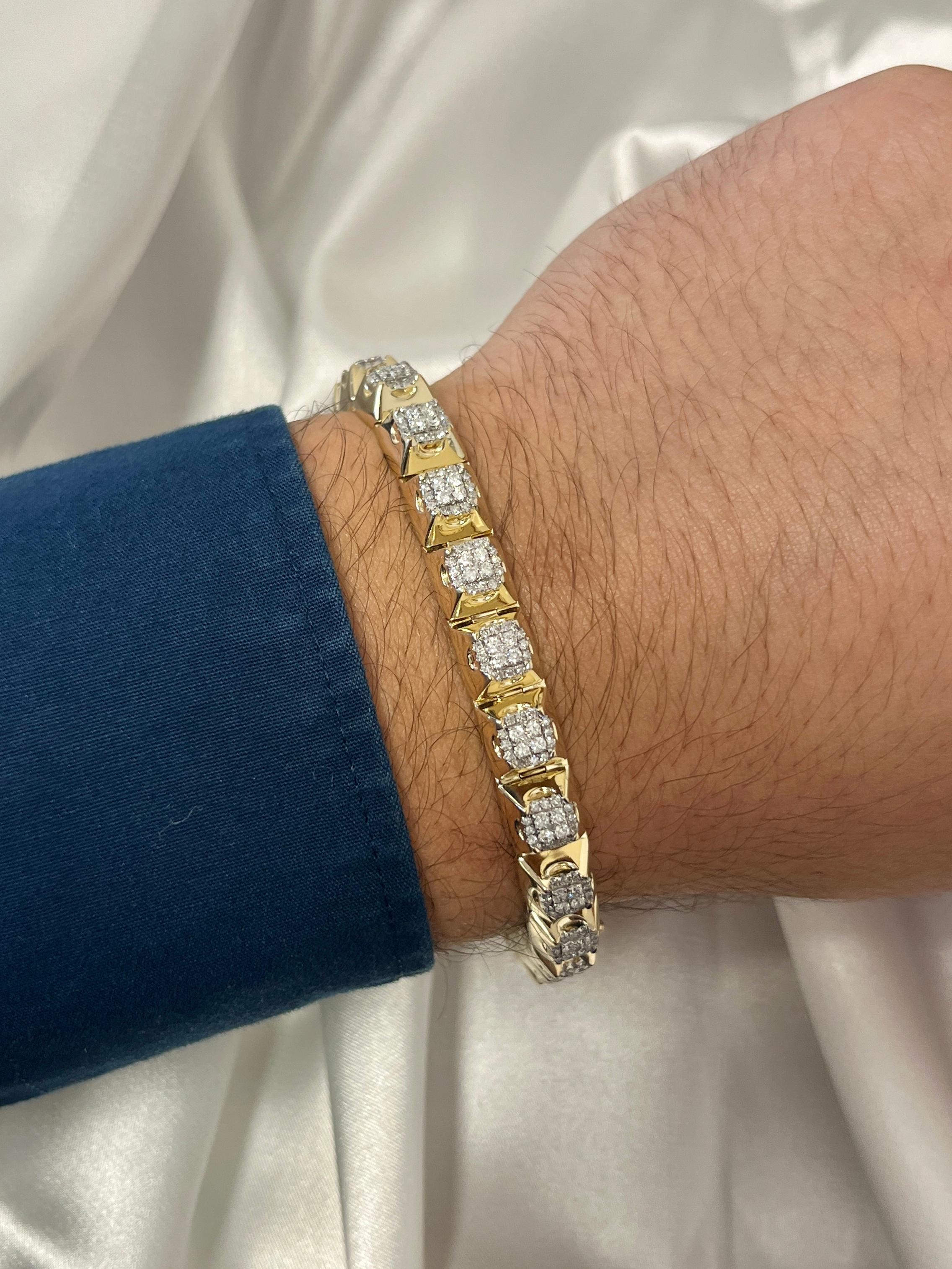 6 Karat TW Diamant 14K Massivgold Men''s zweifarbiges quadratisches Gliederarmband im Zustand „Neu“ im Angebot in Miami, FL